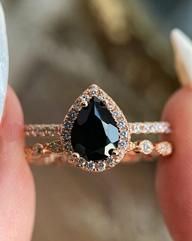 【Ensemble Ebon Vortex】Ensemble de 2 bagues de fiançailles en onyx noir naturel fait main, 0,8 ct, forme poire