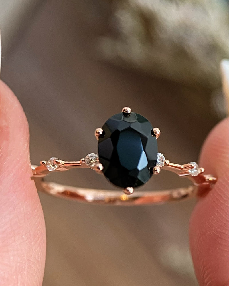 【Aegis】Bague de fiançailles ovale en onyx noir naturel fait main, 1,5 ct