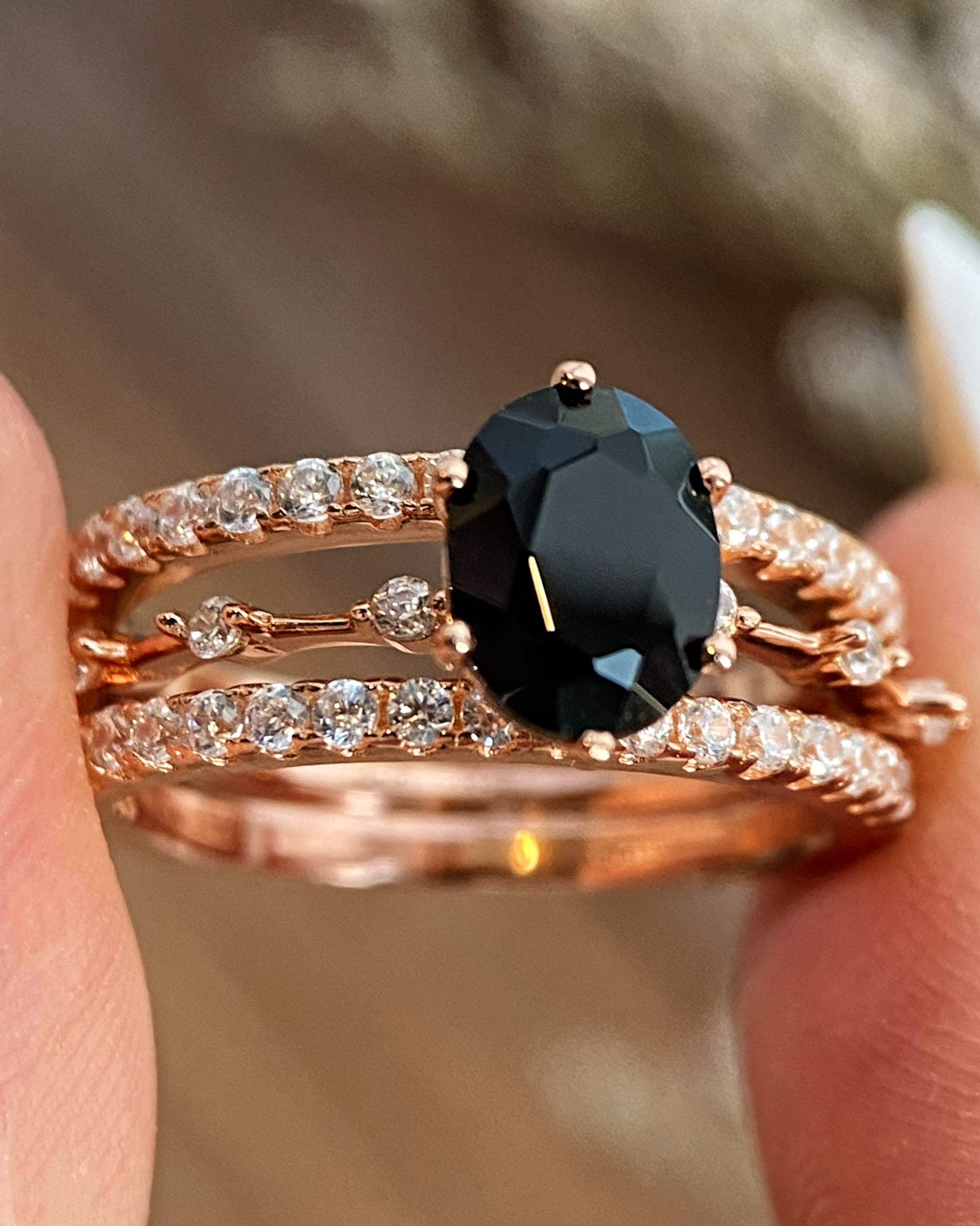 【Aegis Set】Handmade Natural Black Onyx Engagement Ring Set 3pcs 1.5ct Oval Cut