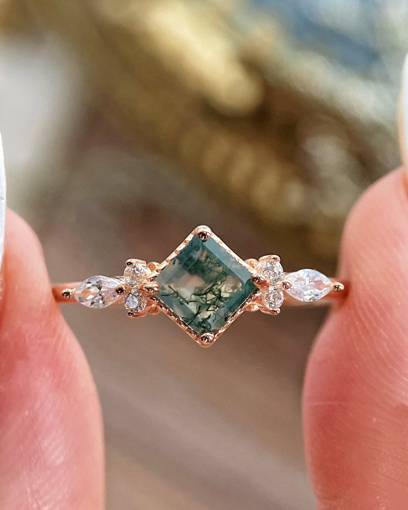 【GAIA】Unique Handmade Natural Moss Agate Engagement Ring 0.75ct Princess Cut