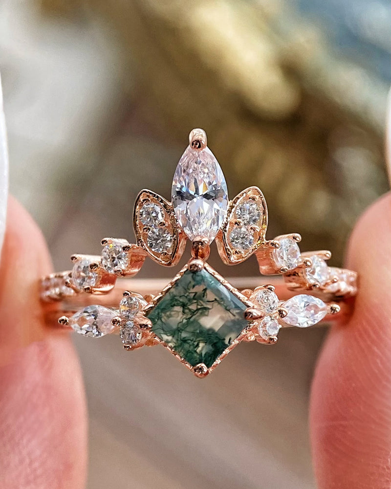 【GAIA SET】Unique Handmade Natural Moss Agate Engagement Ring Set 2pcs 0.75ct Princess Cut