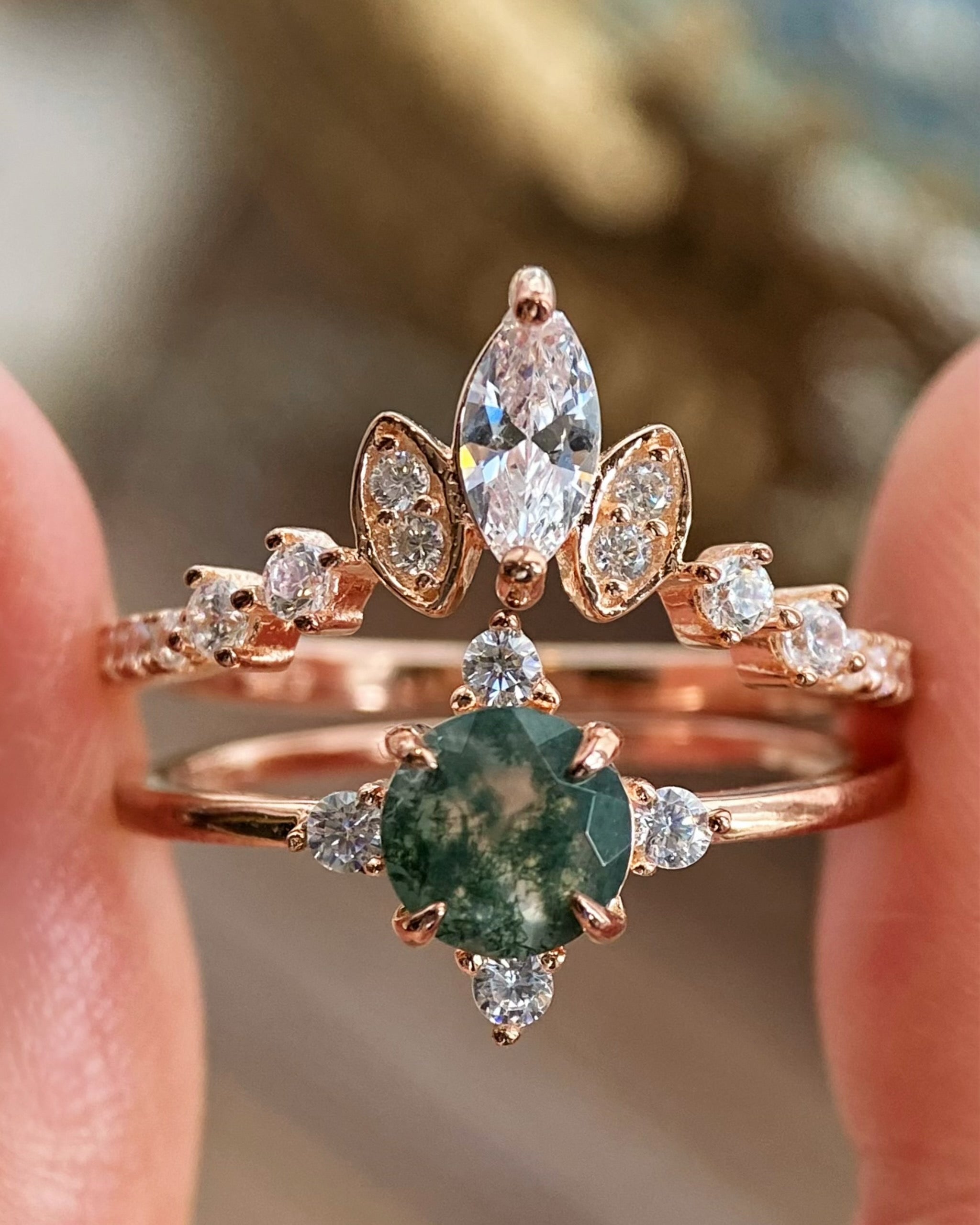 【THAILA SET】Unique Handmade Natural Moss Agate Engagement Ring Set 2pcs Round Cut 0.8ct