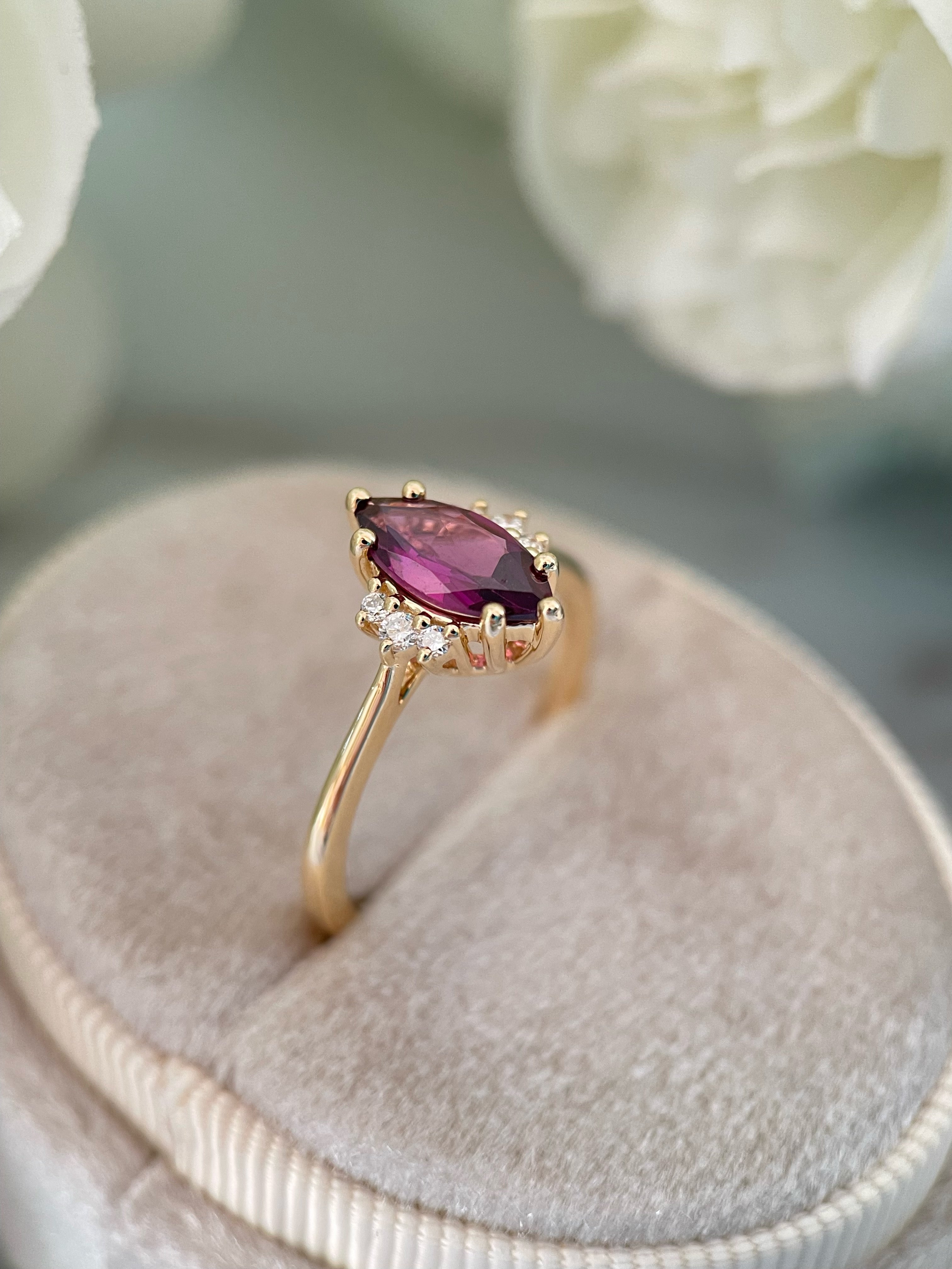 【Octavia】Handmade Natural Rhodolite Garnet Engagement Ring Marquise Cut 1ct