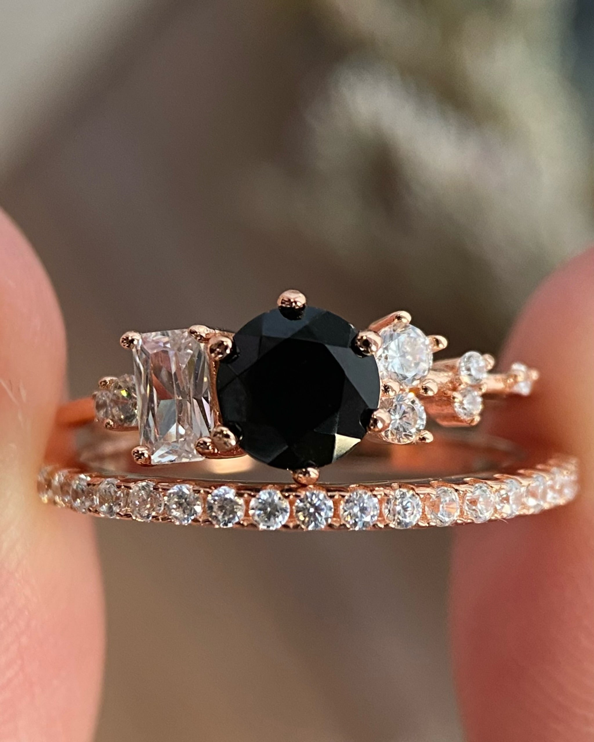 【Flora Set】Handmade Natural Black Onyx Engagement Ring Set 2pcs 0.8ct Round Cut