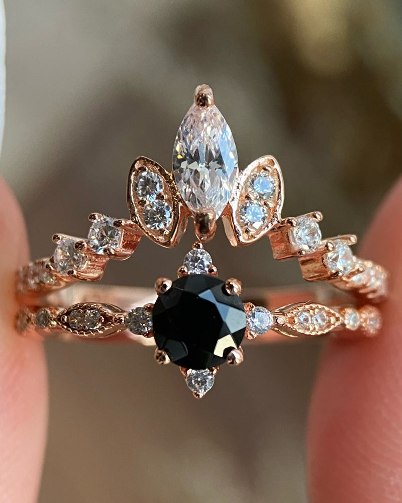 【Ensemble Nocturna】Ensemble de 2 bagues de fiançailles en onyx noir naturel fait main, forme ronde, 0,5 ct