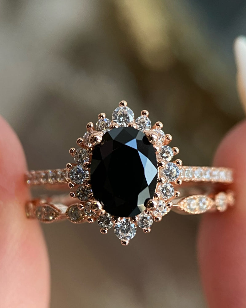 【Ensemble Vespera】Ensemble de 2 bagues de fiançailles ovales en onyx noir naturel fait main (1,5 ct).