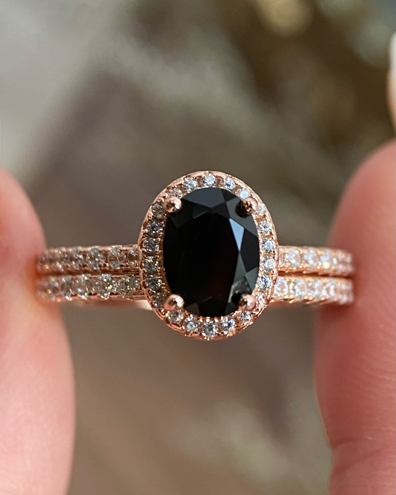 【Ensemble Onyx Nocturne】Ensemble de 2 bagues de fiançailles ovales en onyx noir naturel, 1,5 ct, fabriquées à la main