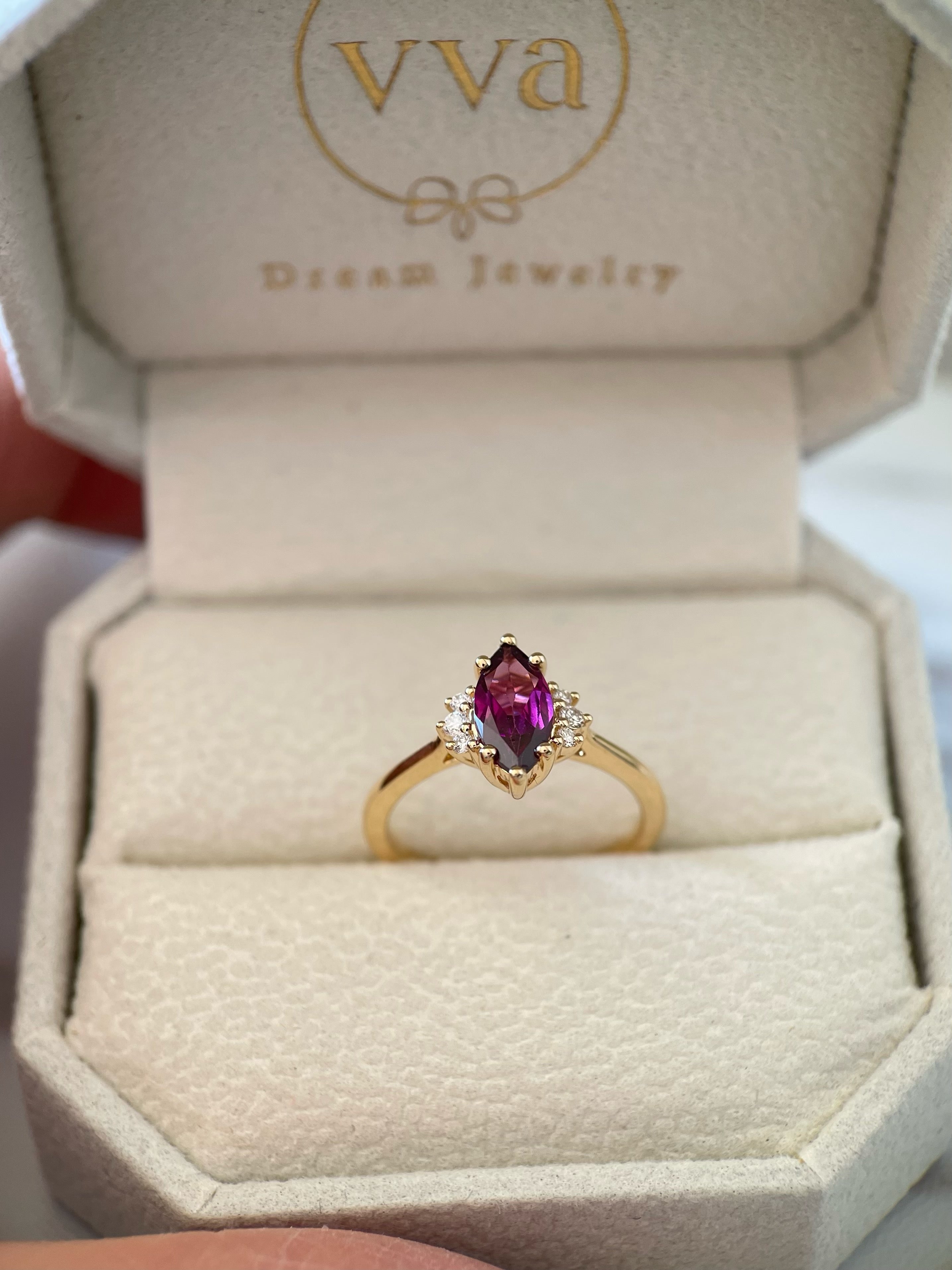 【Octavia】Handmade Natural Rhodolite Garnet Engagement Ring Marquise Cut 1ct