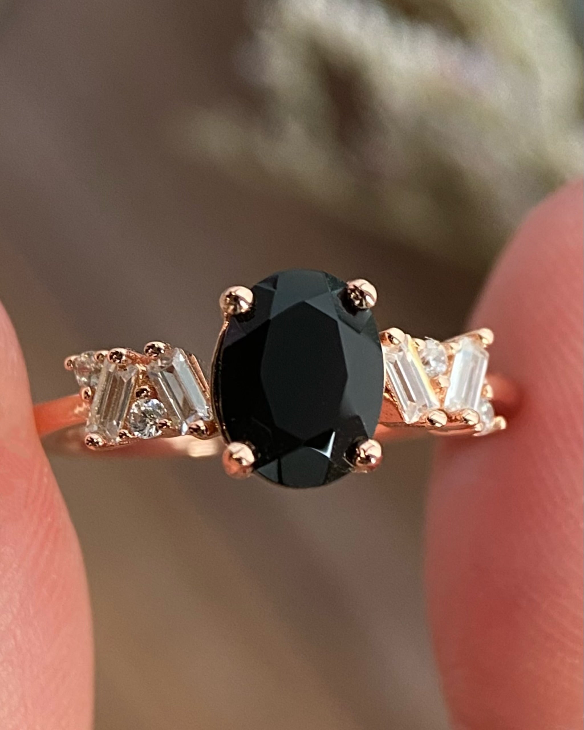 【Eclipsa】Handmade Natural Black Onyx Engagement Ring 1.5ct Oval Cut