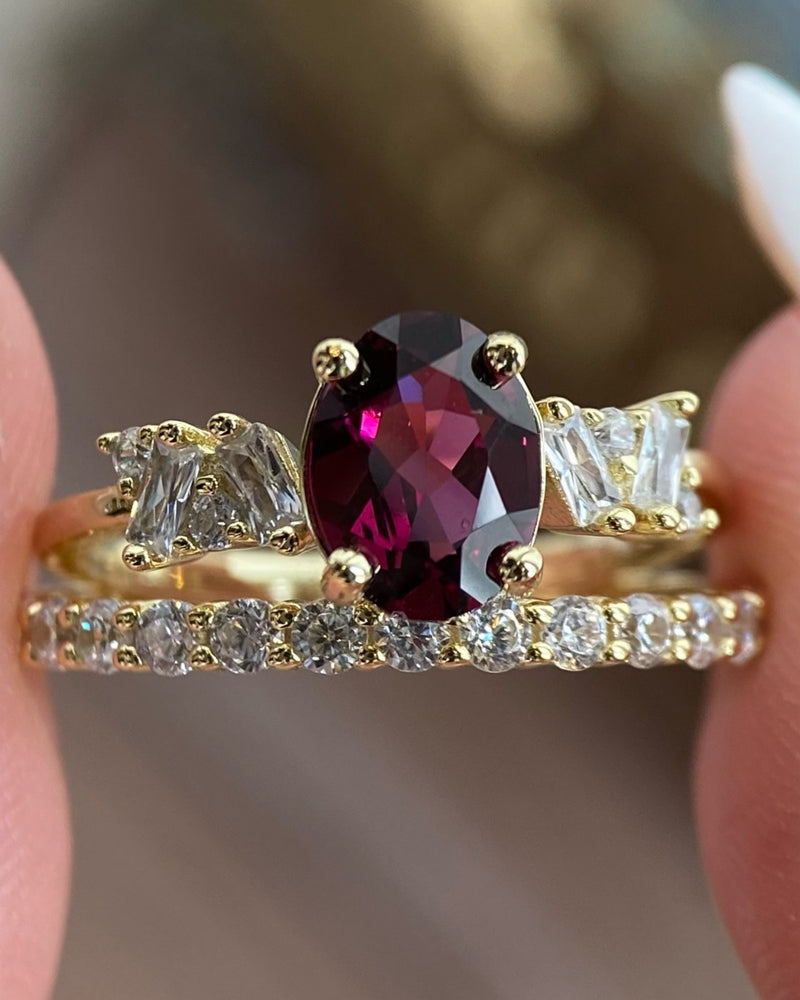 【Fidelis Set】Unique Handmade Natural Rhodolite Garnet Engagement Ring Set 2pcs 1.5ct Oval Cut