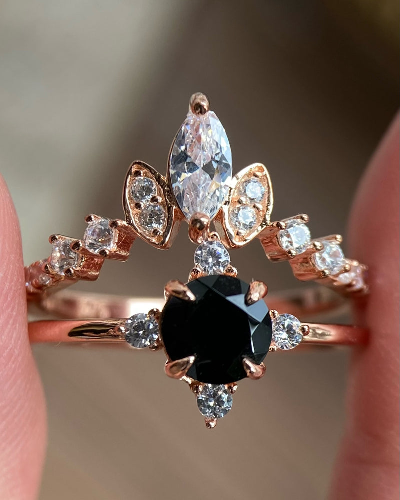 【HECATE SET】Unique Handmade Natural Black Onyx Engagement Ring Set 2pcs Round Cut 0.8ct