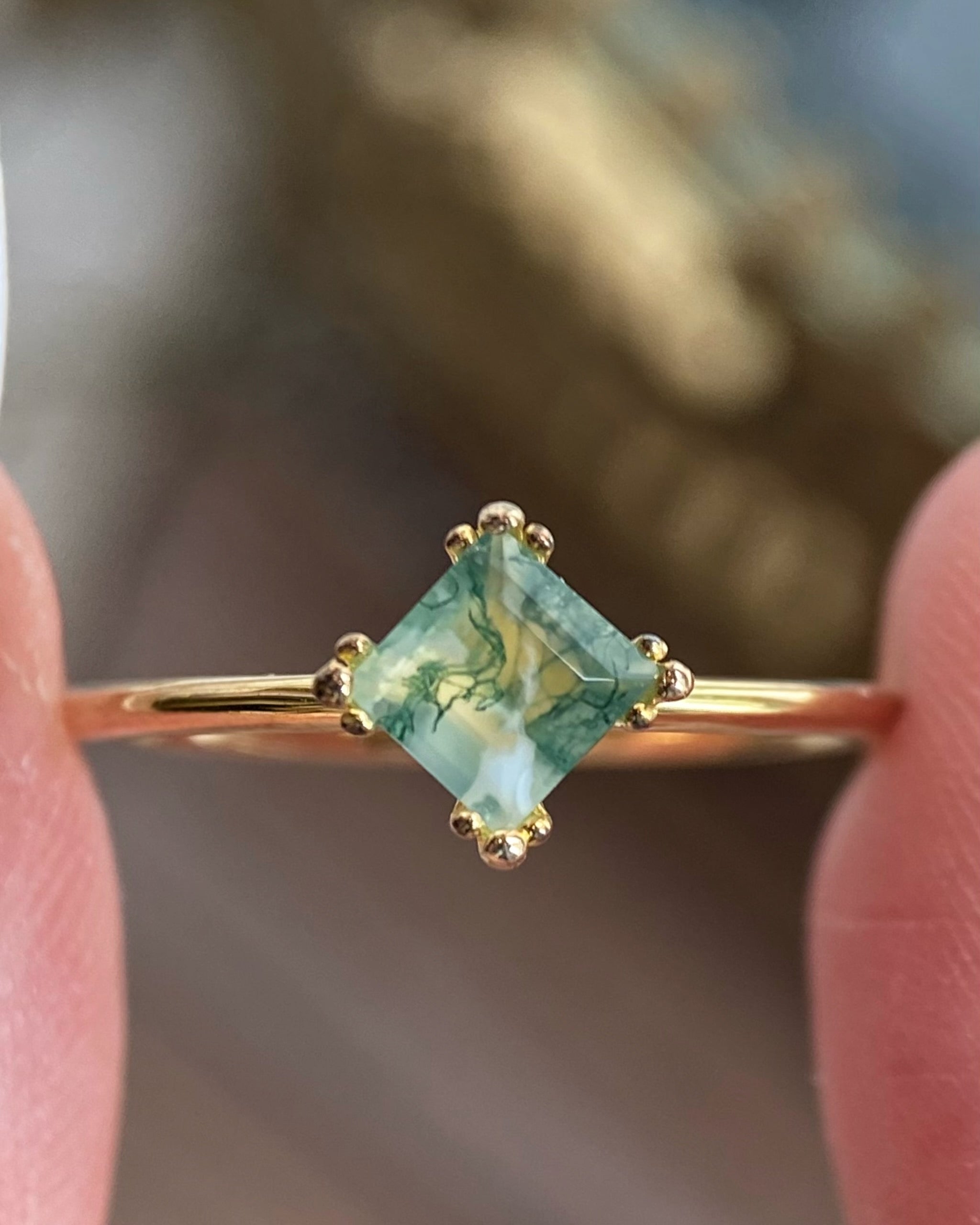 【Sylvan Majesty】Unique Handmade Natural Moss Agate Engagement Ring 0.75ct Princess Cut