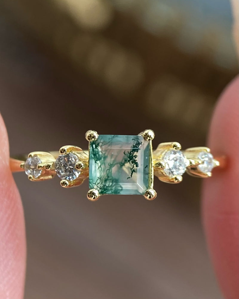 【Jardin de Verdanite】Bague de fiançailles unique en agate mousse naturelle faite à la main, 0,75 ct, forme princesse