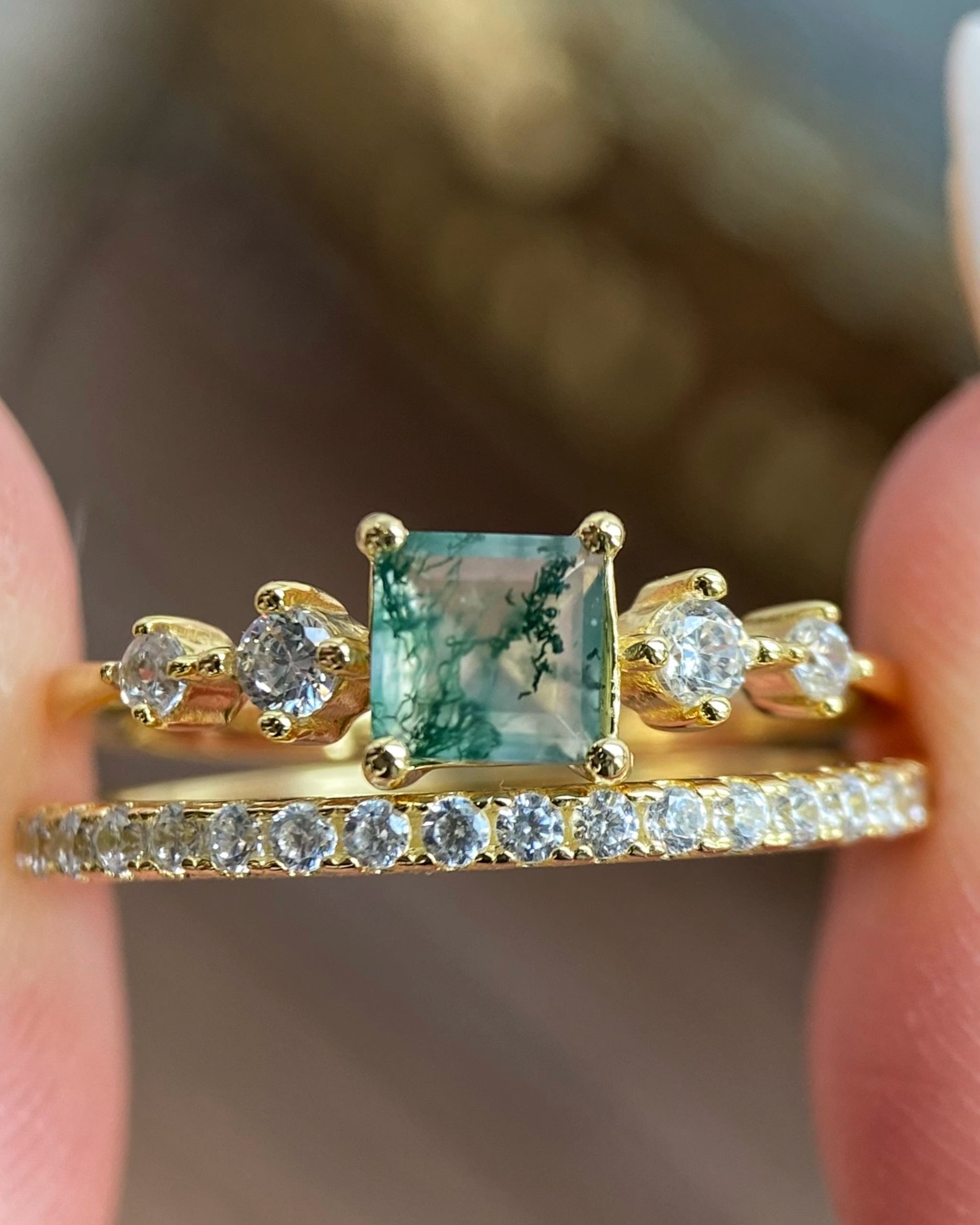 【Ensemble Jardin de Verdanite】Ensemble de bagues de fiançailles unique, fait main, en agate mousse naturelle, 2 pièces, 0,75 ct, forme princesse