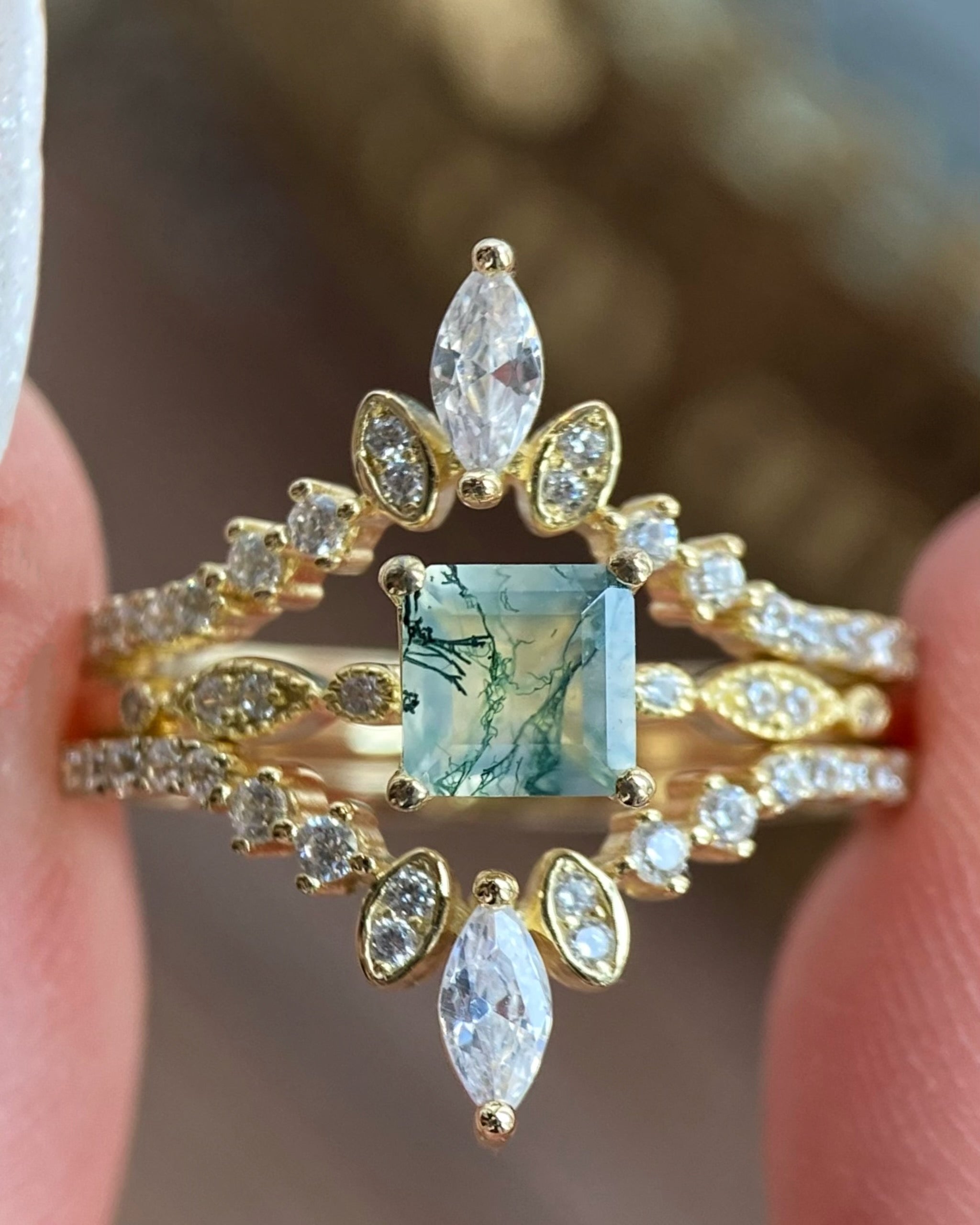 【OPHELIA SET】Unique Handmade Natural Moss Agate Engagement Ring Set 3pcs 0.75ct Princess Cut