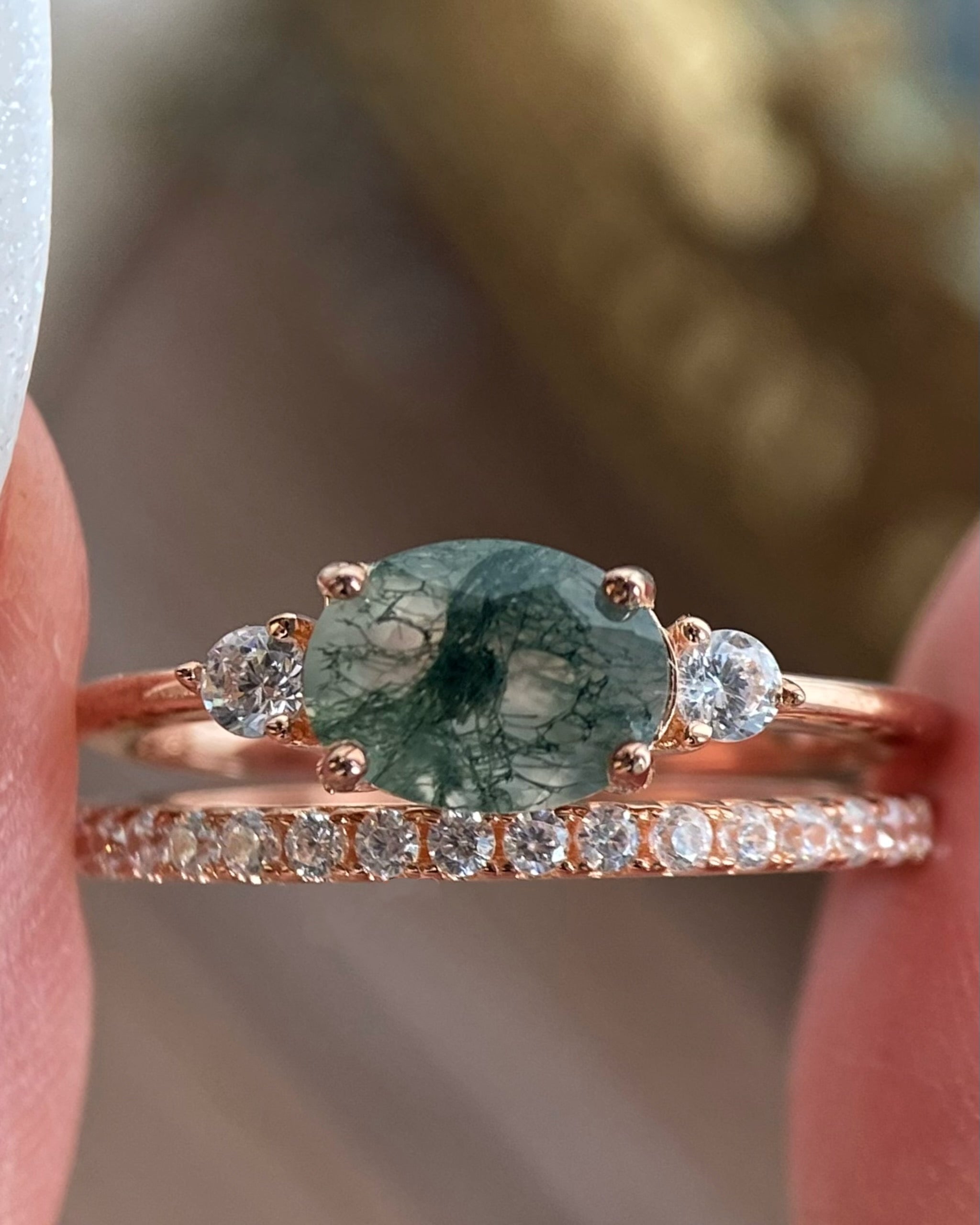 【Ethereal Veil Set】Unique Handmade Natural Moss Agate Engagement Ring Set 2pcs 1.5ct Oval Cut