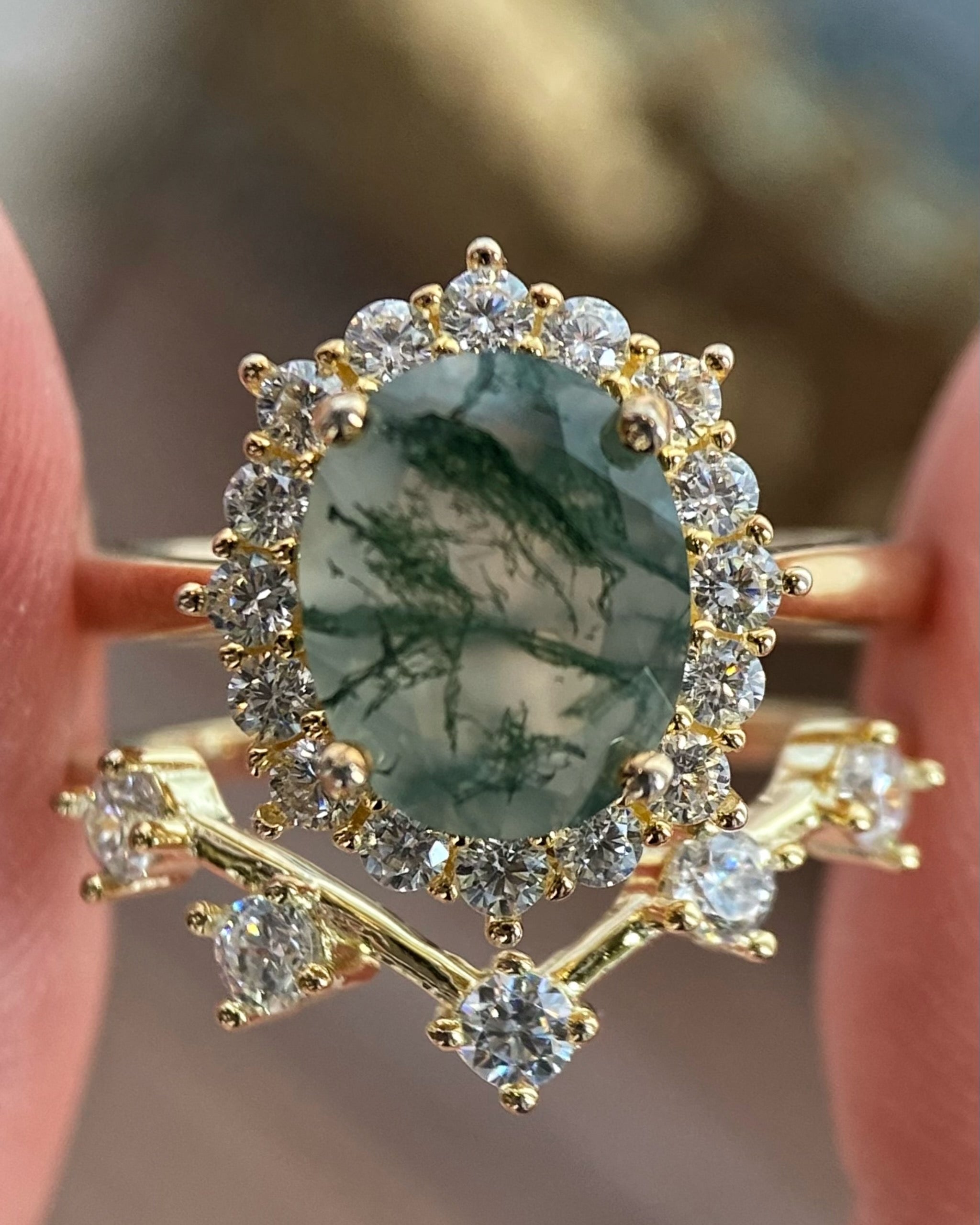 【Morrigan Set】 Unique Handmade Natural Green Moss Agate Engagement Ring Set 2pcs Oval Cut 3ct