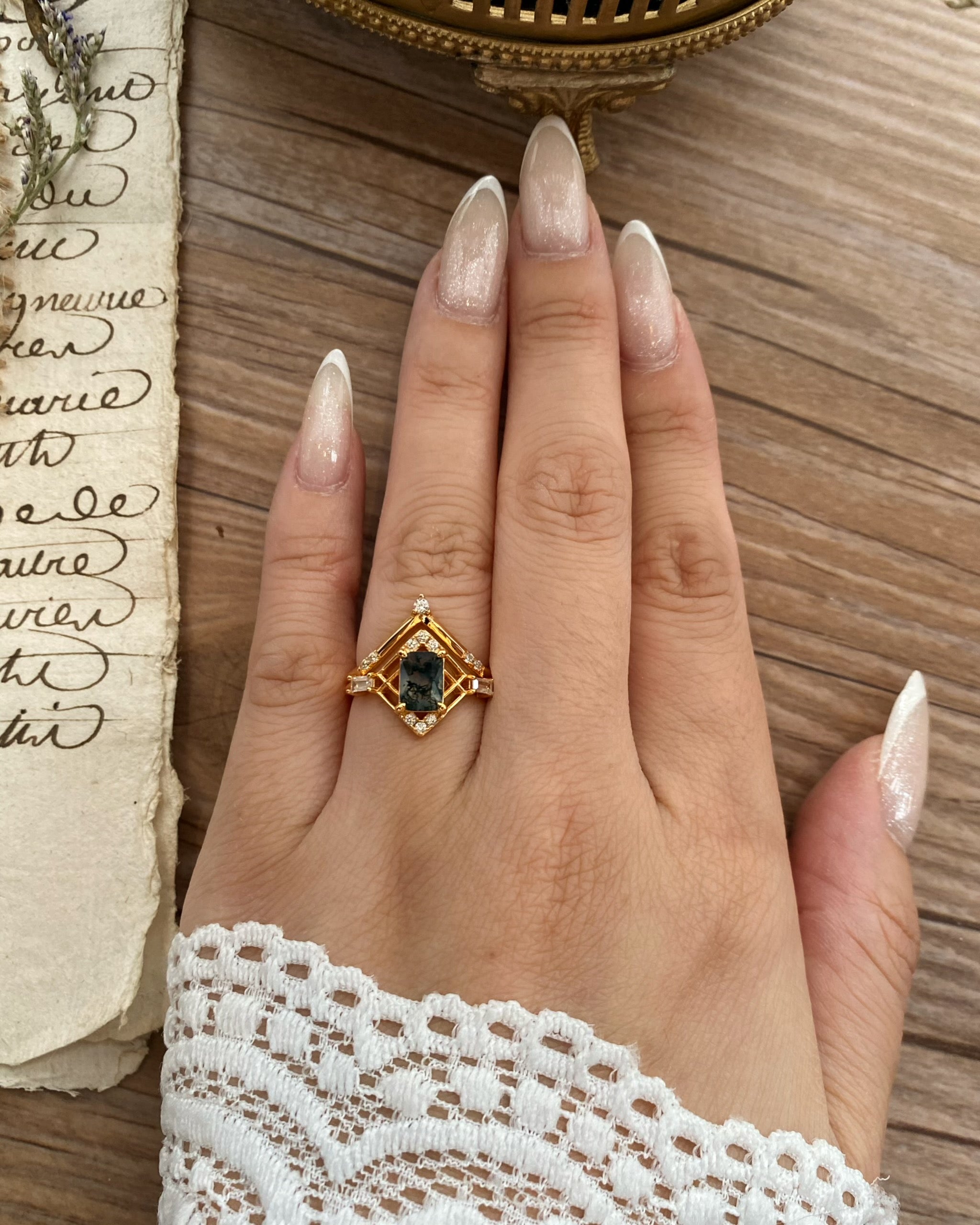 Elysium | Vintage Art Deco Inspired Moss Agate Engagement Ring Set Solid 14K Gold Emerald Cut