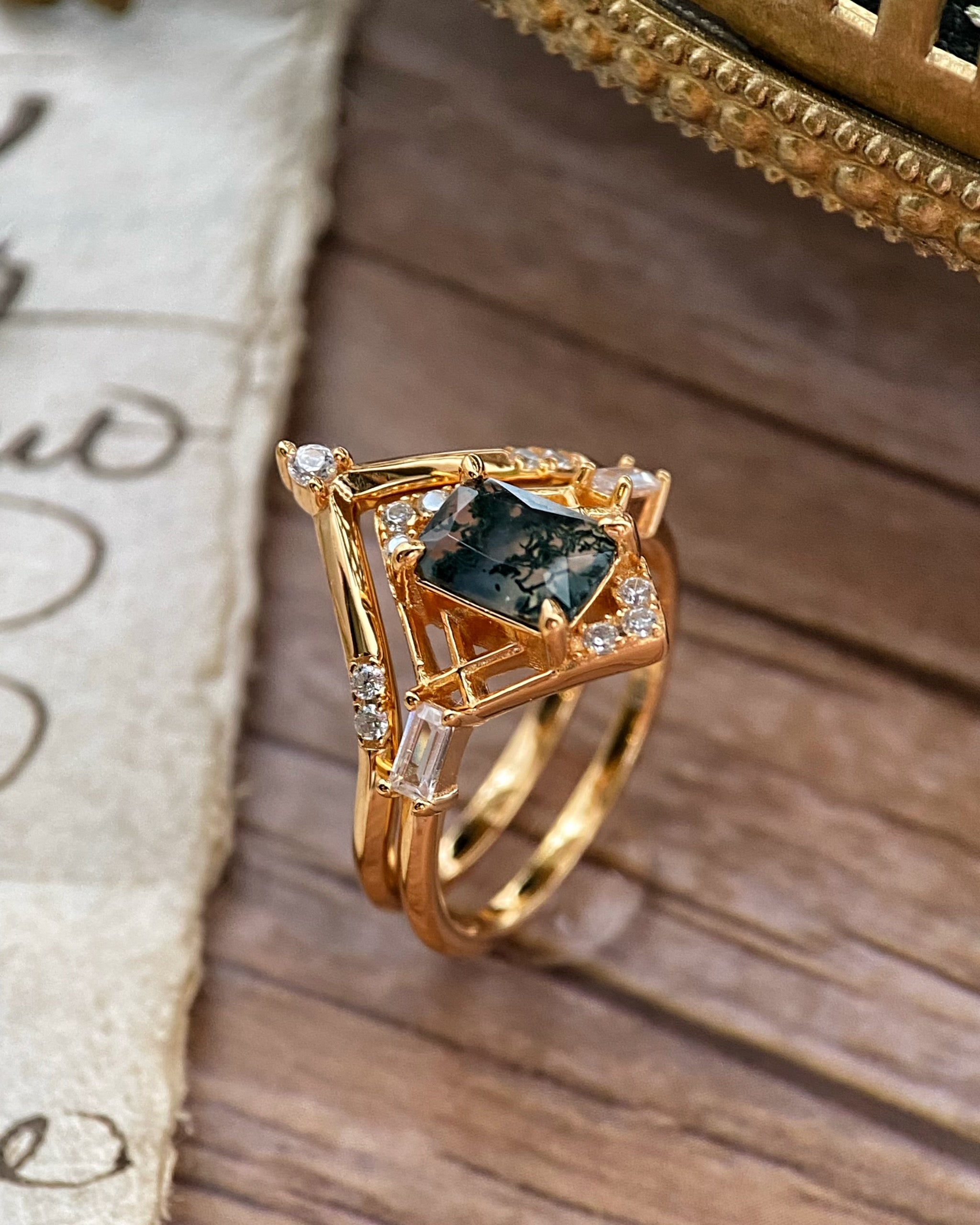 Elysium | Vintage Art Deco Inspired Moss Agate Engagement Ring Set Solid 14K Gold Emerald Cut
