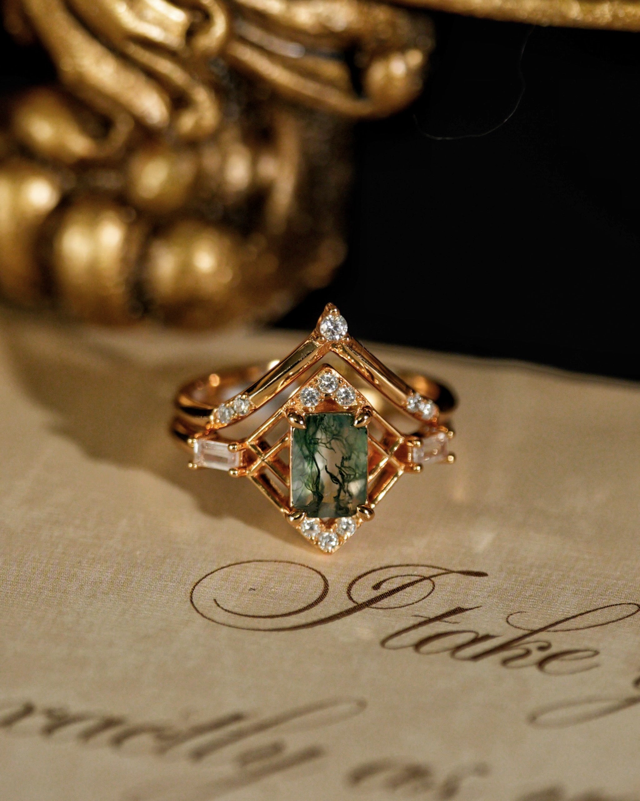 Elysium | Vintage Art Deco Inspired Moss Agate Engagement Ring Set Solid 14K Gold Emerald Cut