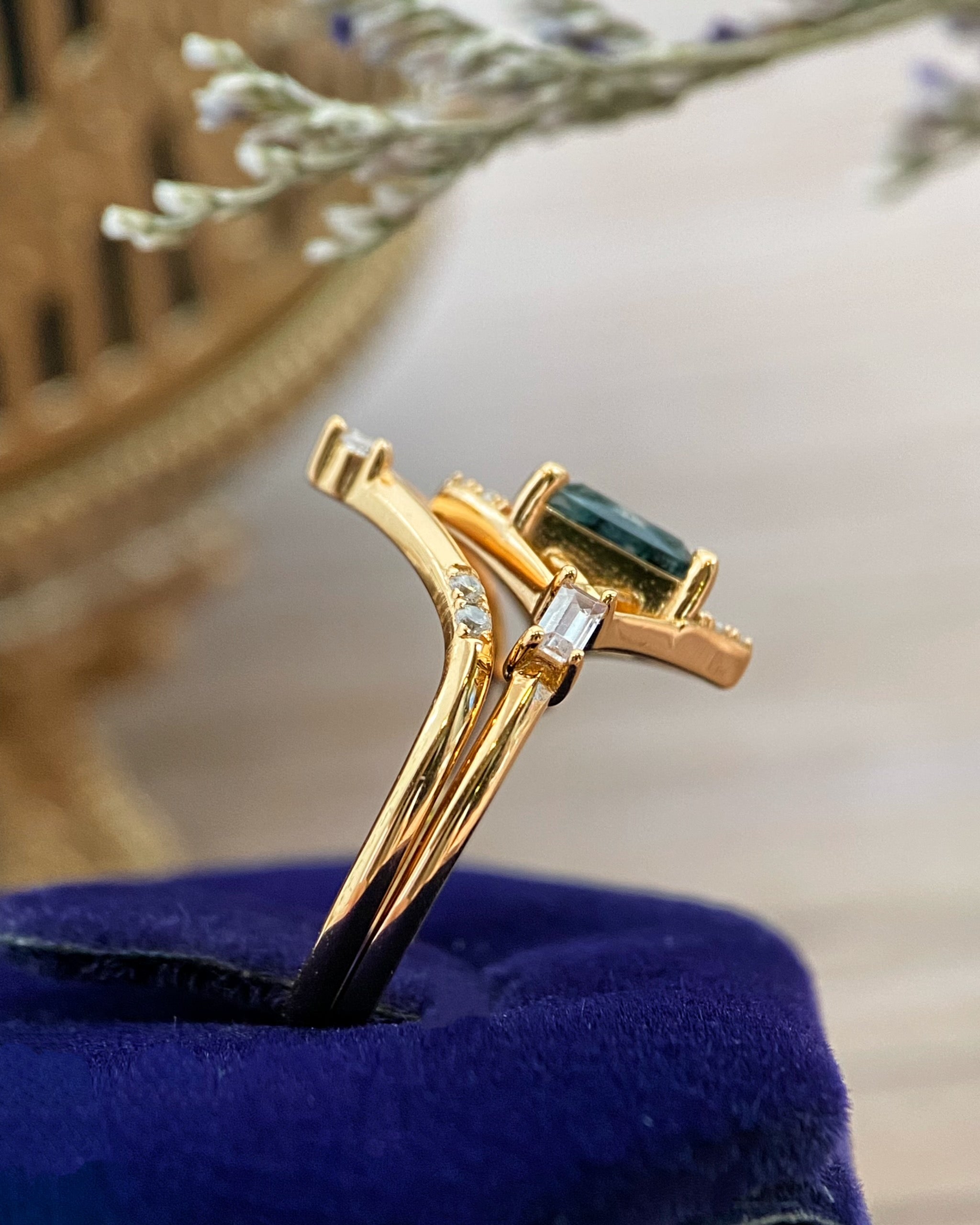 Elysium | Vintage Art Deco Inspired Moss Agate Engagement Ring Set Solid 14K Gold Emerald Cut