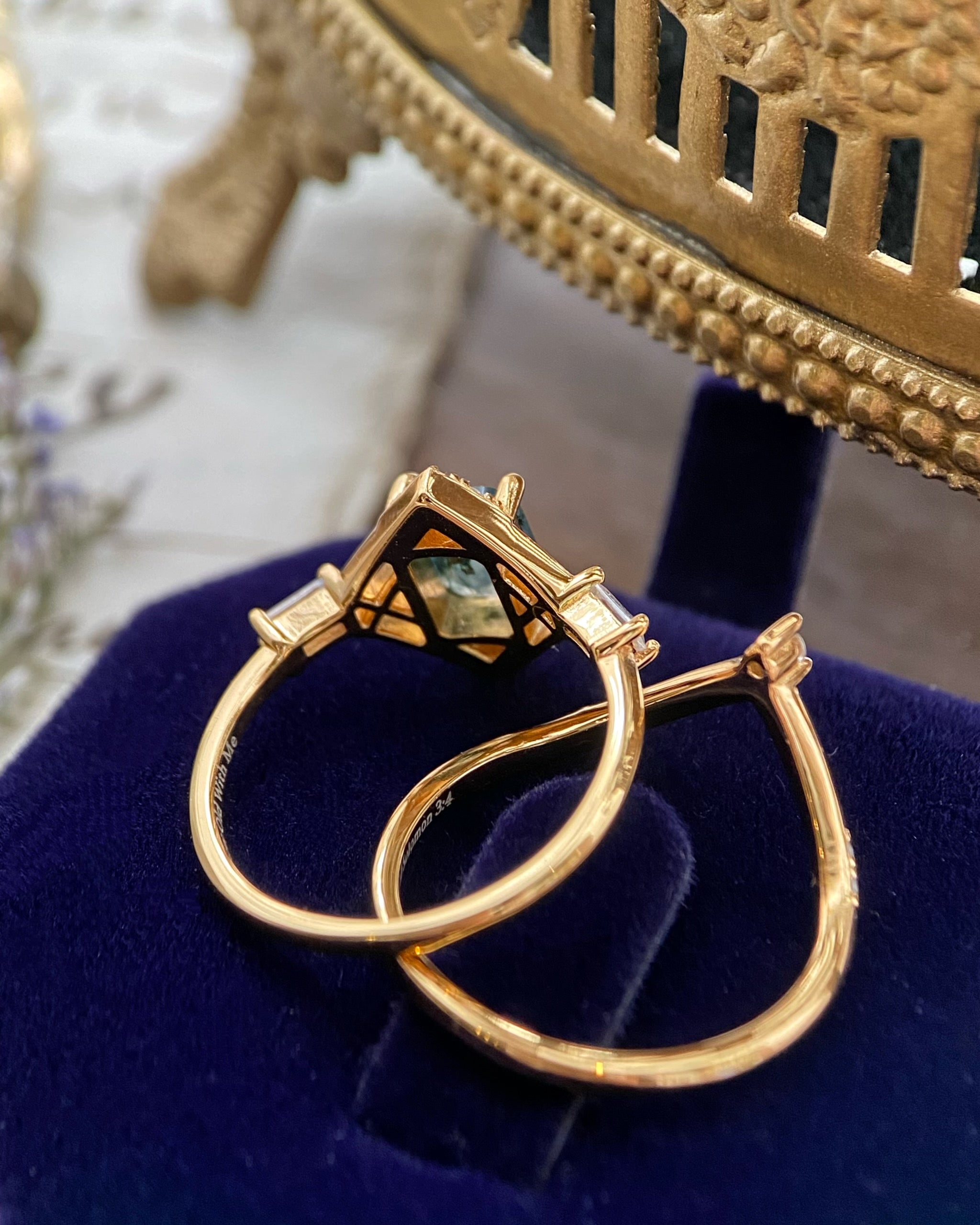 Elysium | Vintage Art Deco Inspired Moss Agate Engagement Ring Set Solid 14K Gold Emerald Cut