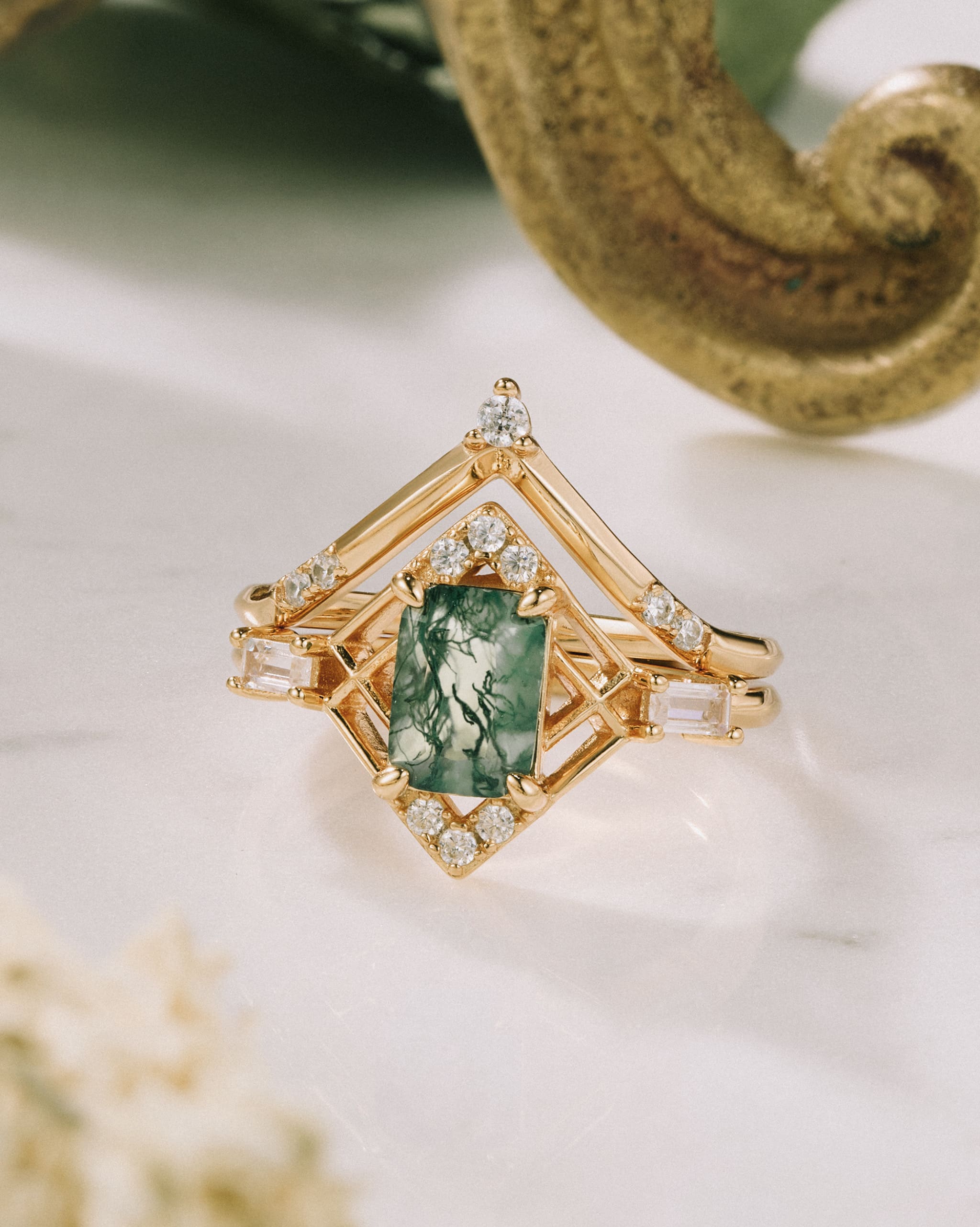 Elysium | Vintage Art Deco Inspired Moss Agate Engagement Ring Set Solid 14K Gold Emerald Cut