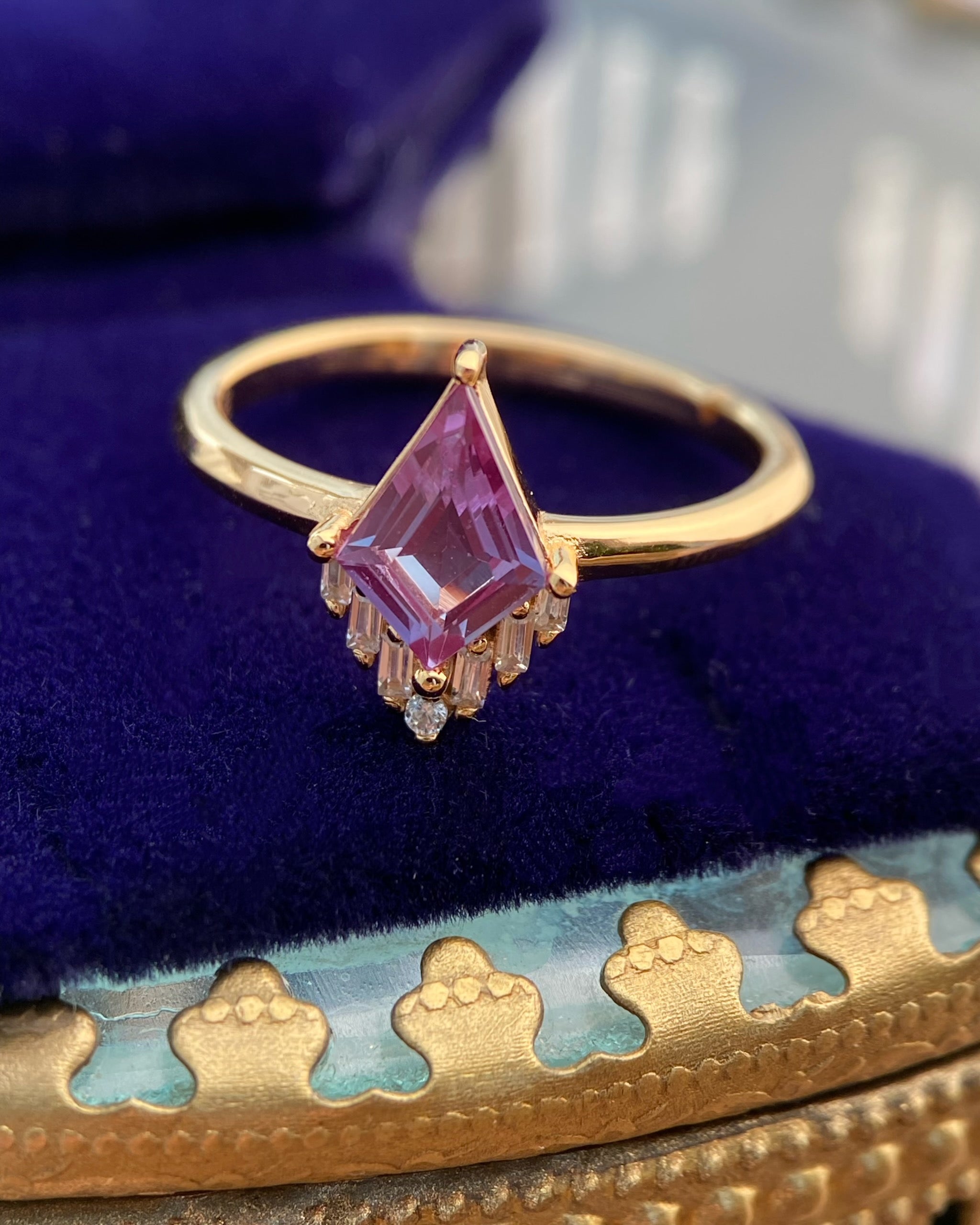 Astraea | Vintage Kite Cut Lab Grown Alexandrite  Engagement Ring Solid 14K Gold