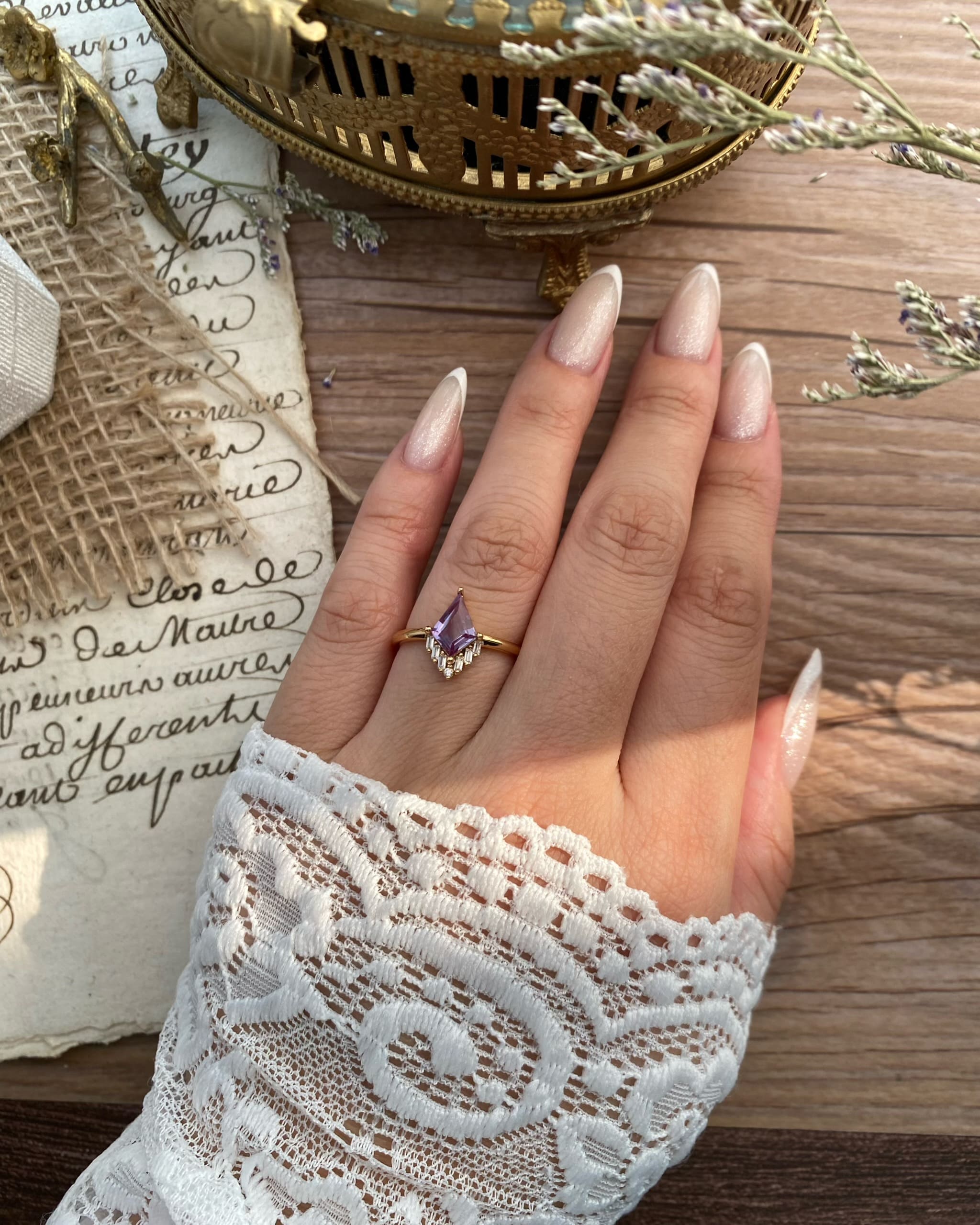 Astraea | Vintage Kite Cut Lab Grown Alexandrite  Engagement Ring Solid 14K Gold