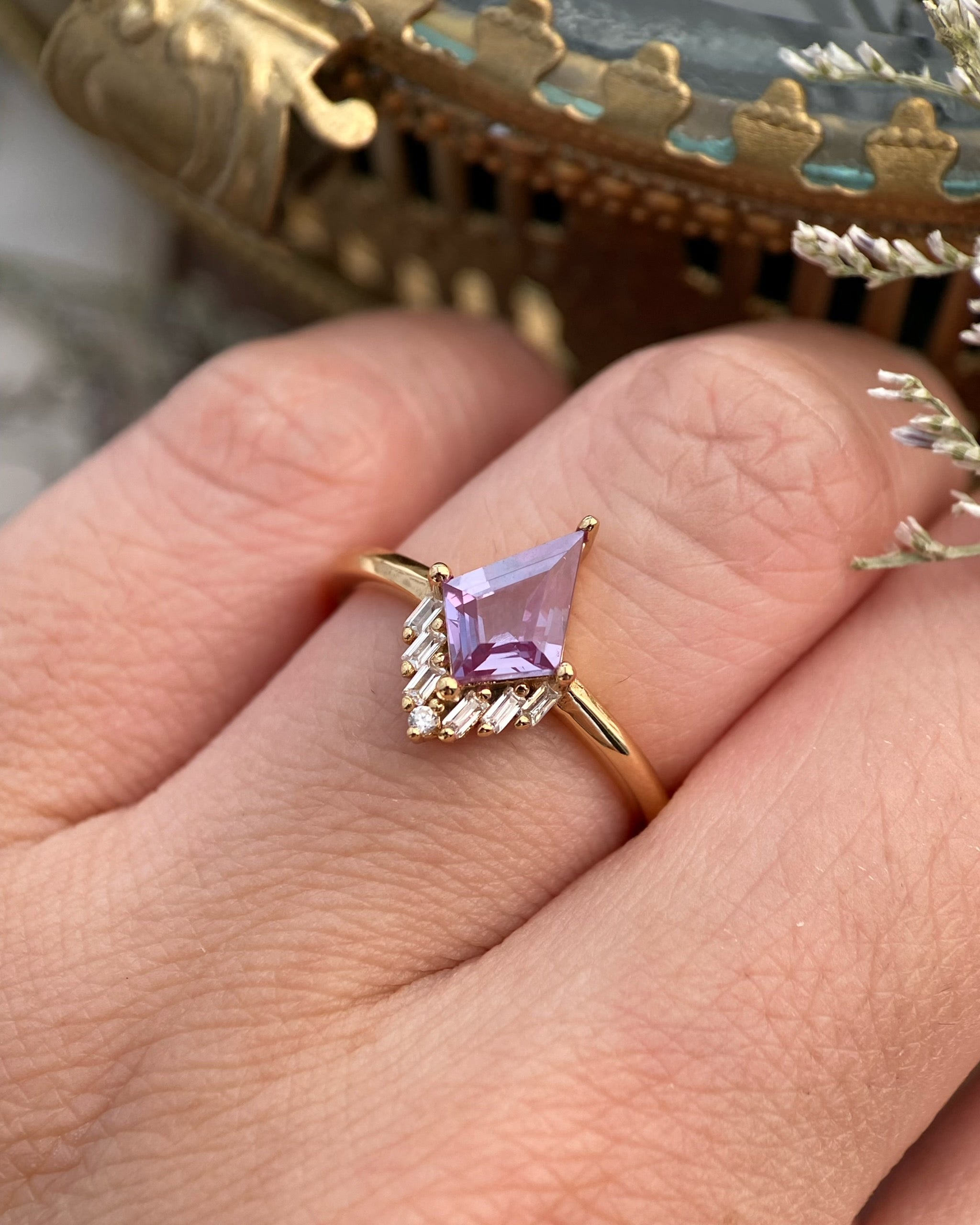 Astraea | Vintage Kite Cut Lab Grown Alexandrite  Engagement Ring Solid 14K Gold