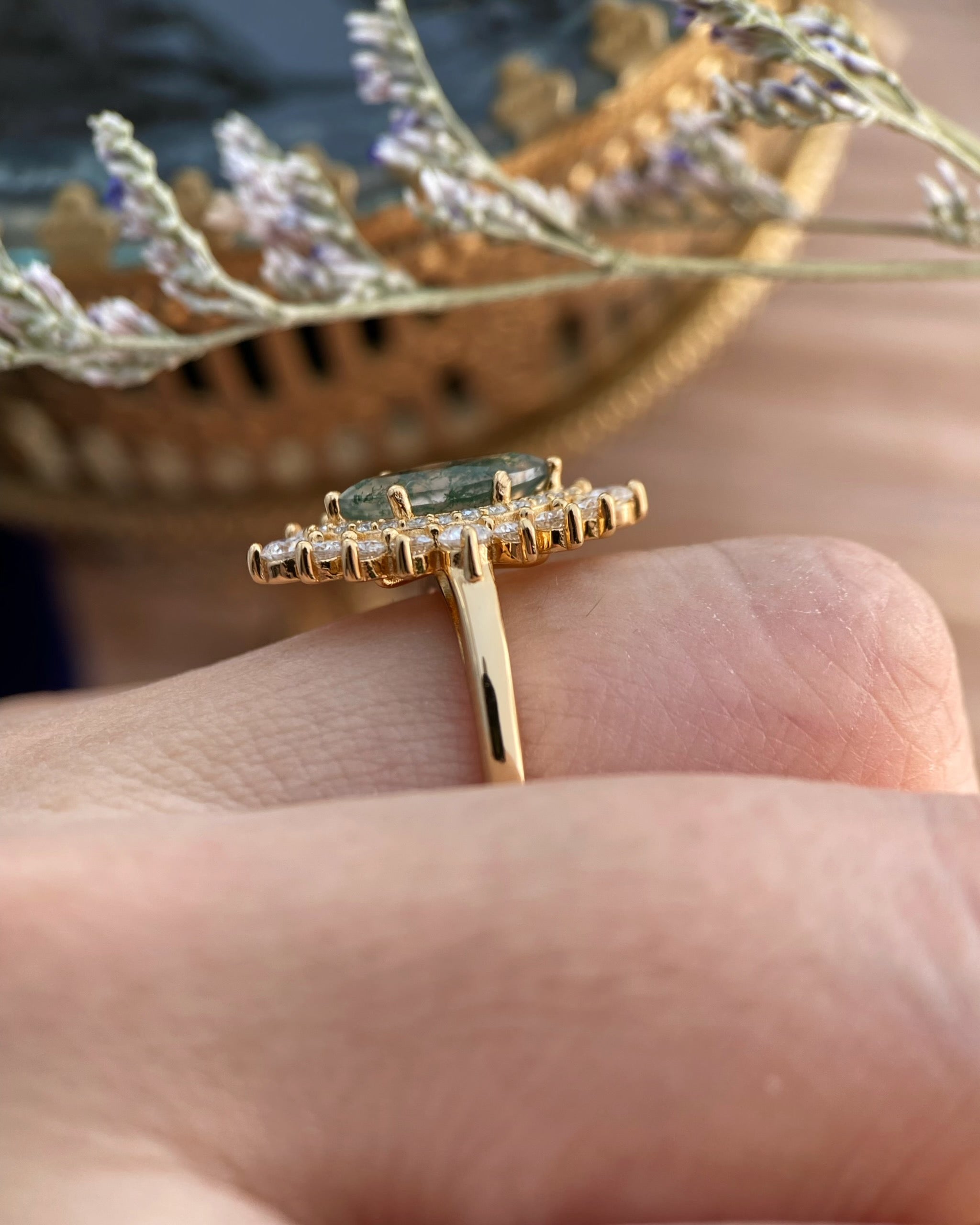 Guinevere | Vintage inspired Marquise Cut Moss Agate Engagement Ring