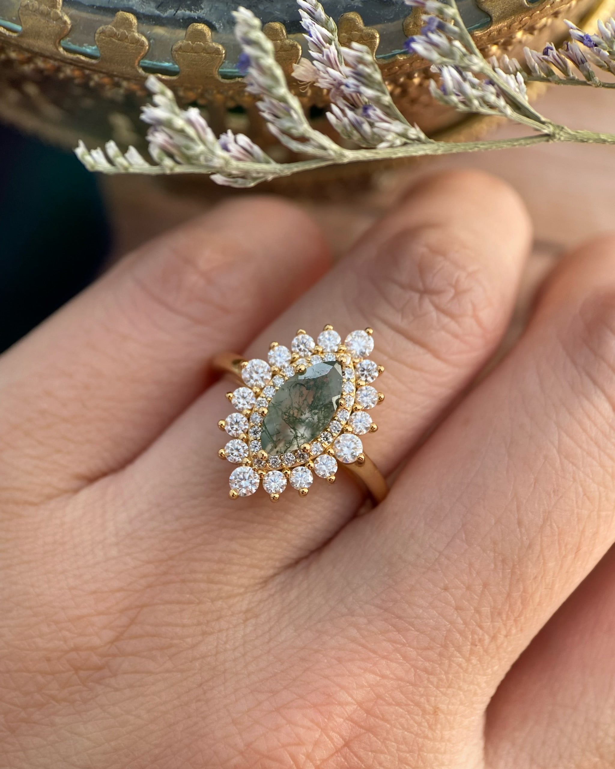 Guinevere | Vintage inspired Marquise Cut Moss Agate Engagement Ring