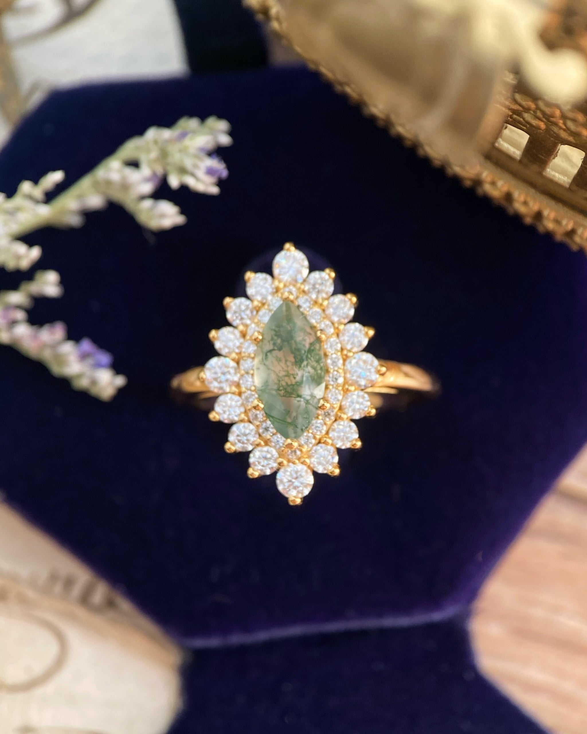 Guinevere | Vintage inspired Marquise Cut Moss Agate Engagement Ring