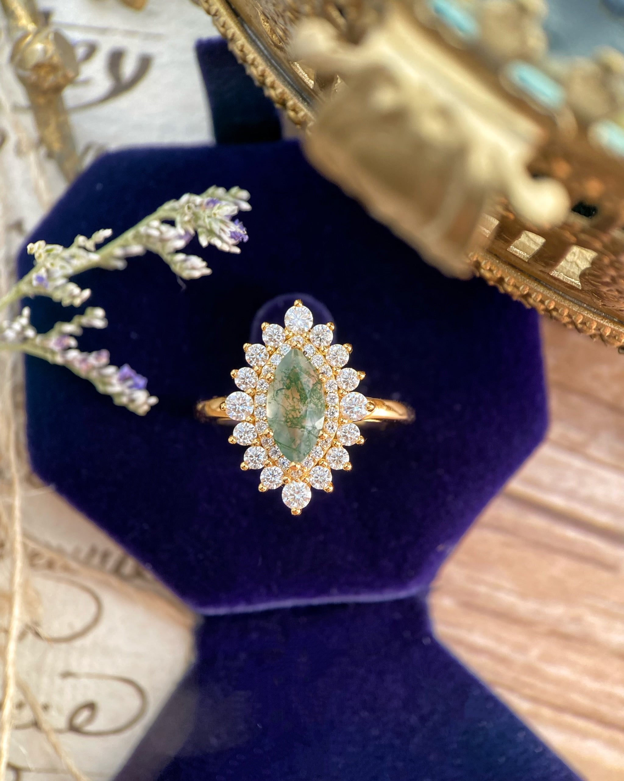 Guinevere | Vintage inspired Marquise Cut Moss Agate Engagement Ring