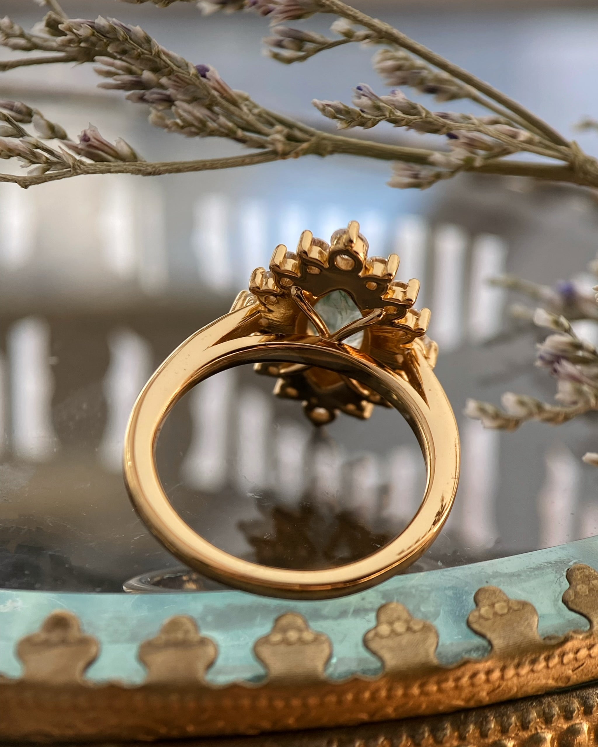 Guinevere | Vintage inspired Marquise Cut Moss Agate Engagement Ring