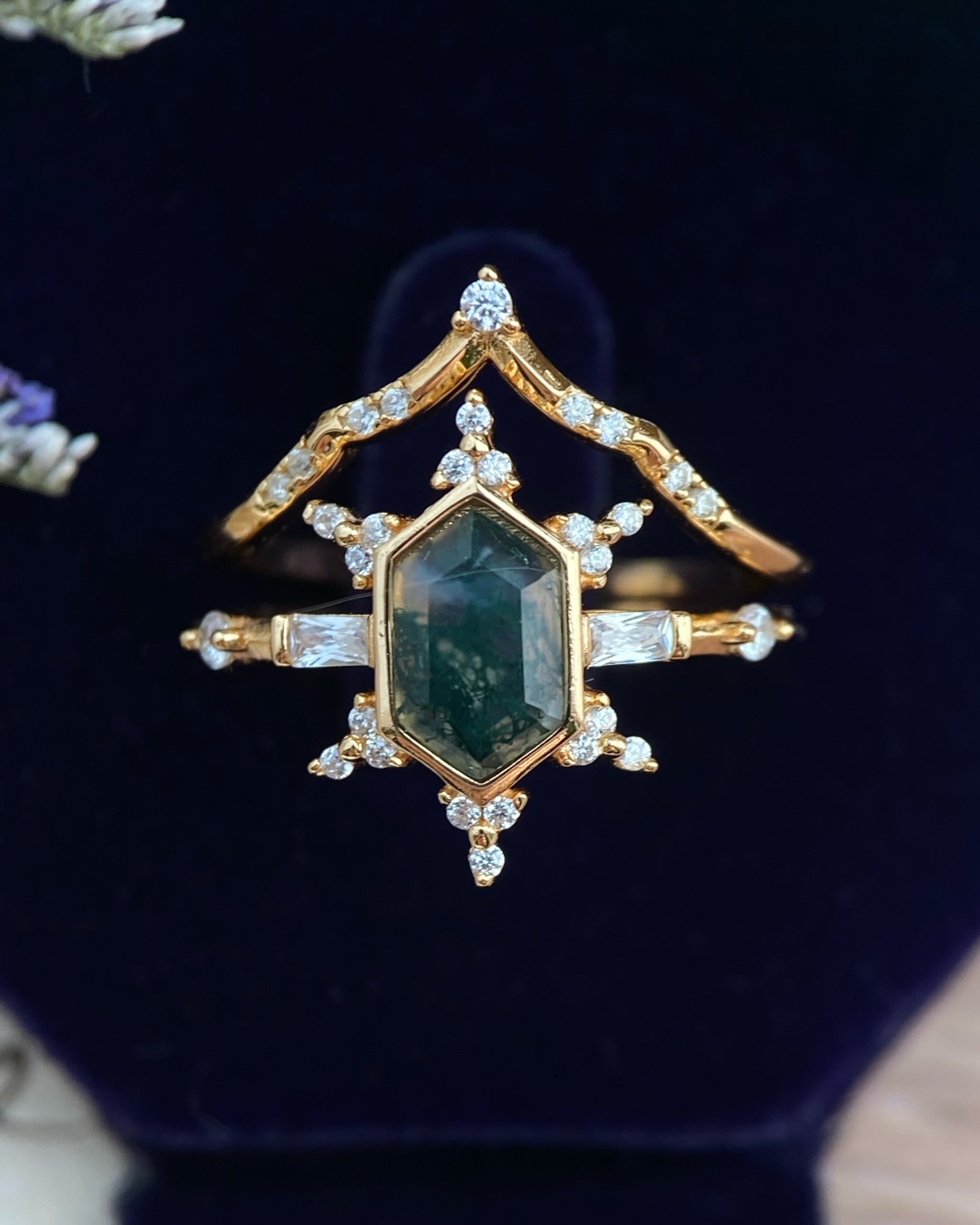 【Voile éthéré】Bague de fiançailles unique en agate mousse naturelle, faite main, de forme ovale, 1,5 ct
