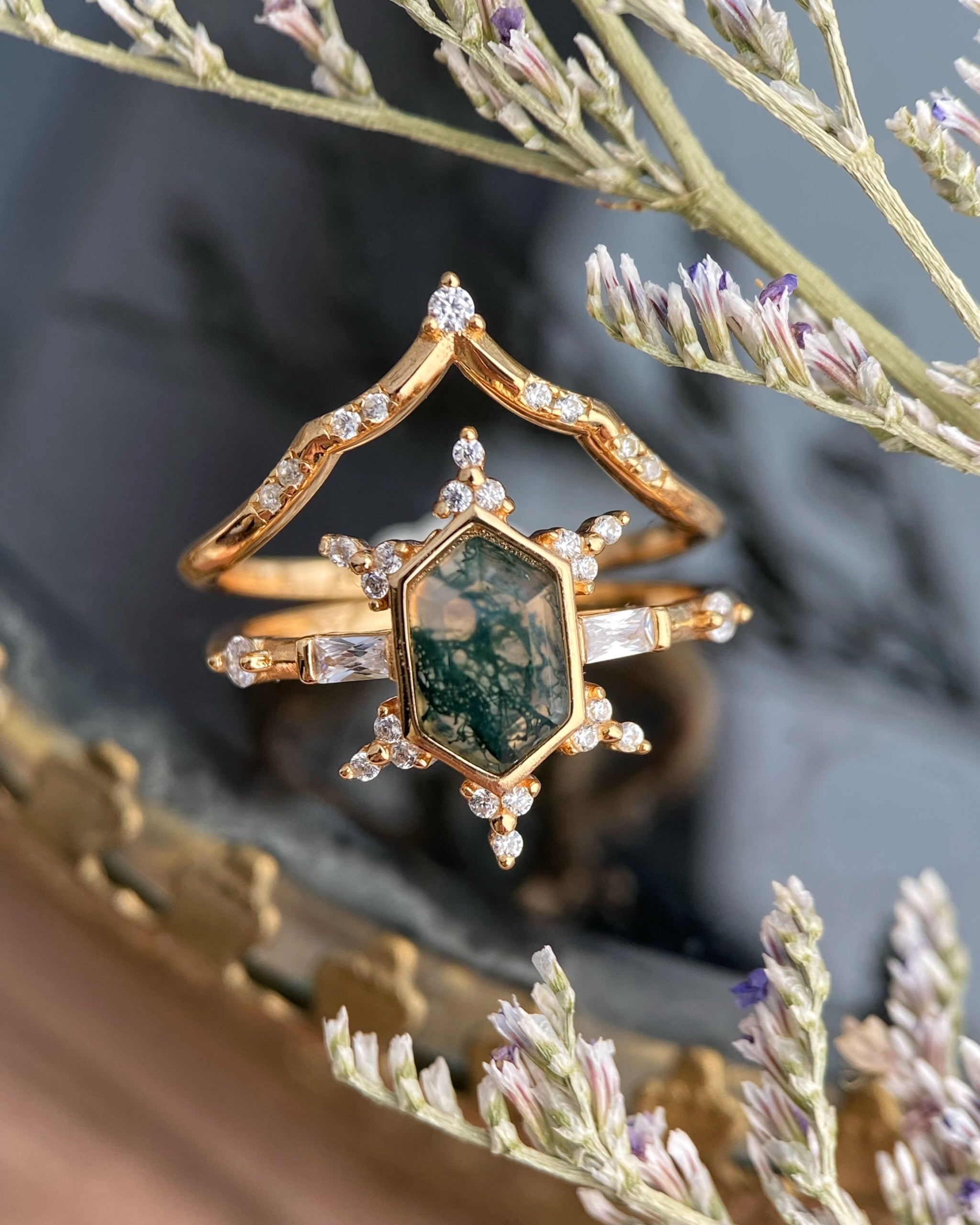 【Voile éthéré】Bague de fiançailles unique en agate mousse naturelle, faite main, de forme ovale, 1,5 ct