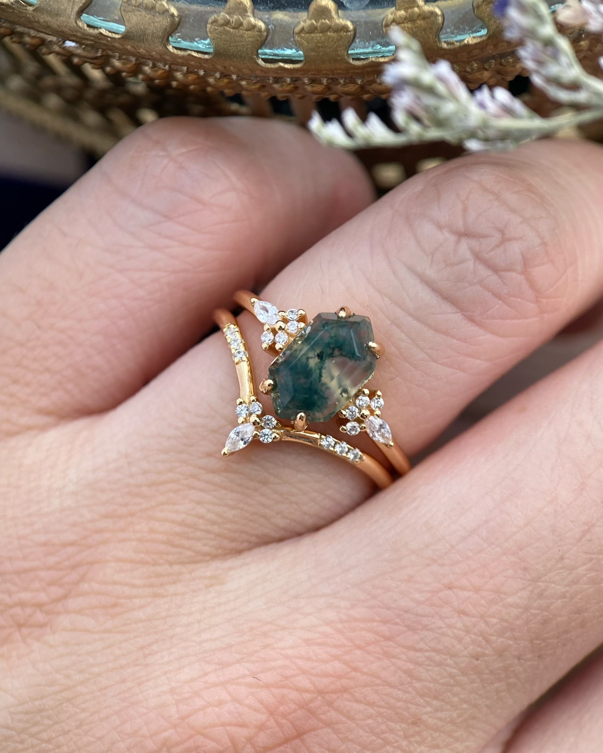 Nimue | Unique Vintage Fairycore Hexagon Cut Moss Agate Engagement Ring Set