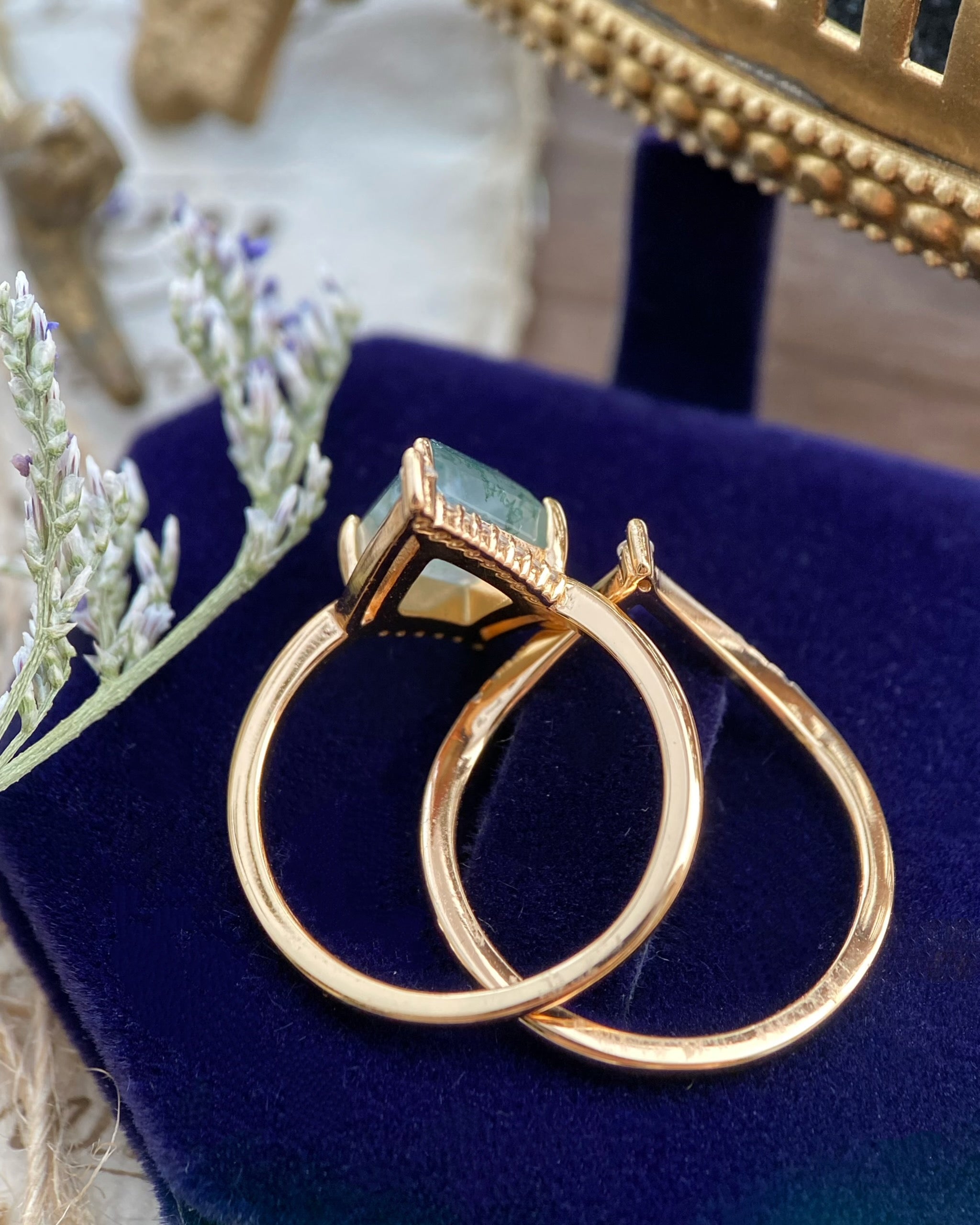 【Voile éthéré】Bague de fiançailles unique en agate mousse naturelle, faite main, de forme ovale, 1,5 ct