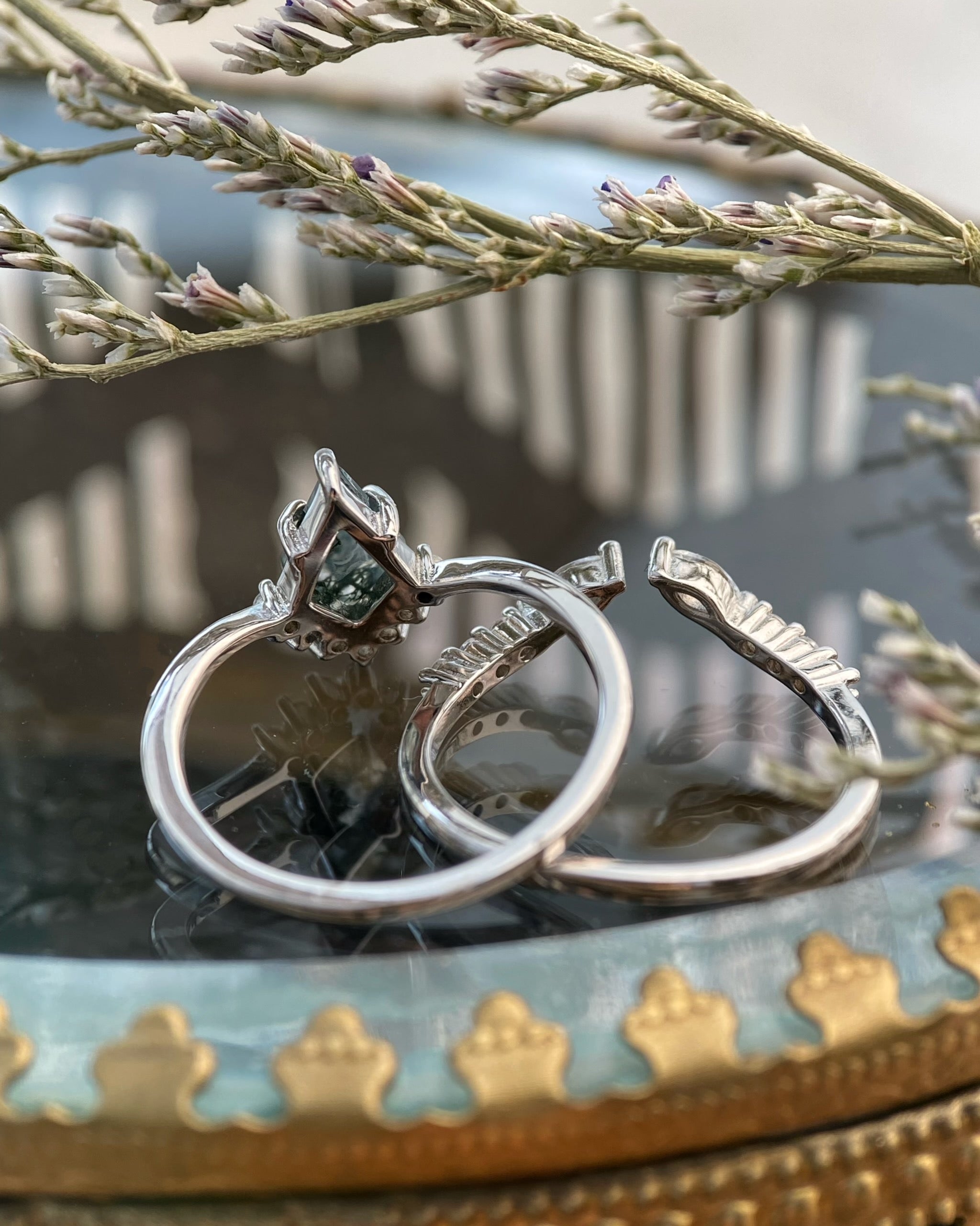 【Voile éthéré】Bague de fiançailles unique en agate mousse naturelle, faite main, de forme ovale, 1,5 ct