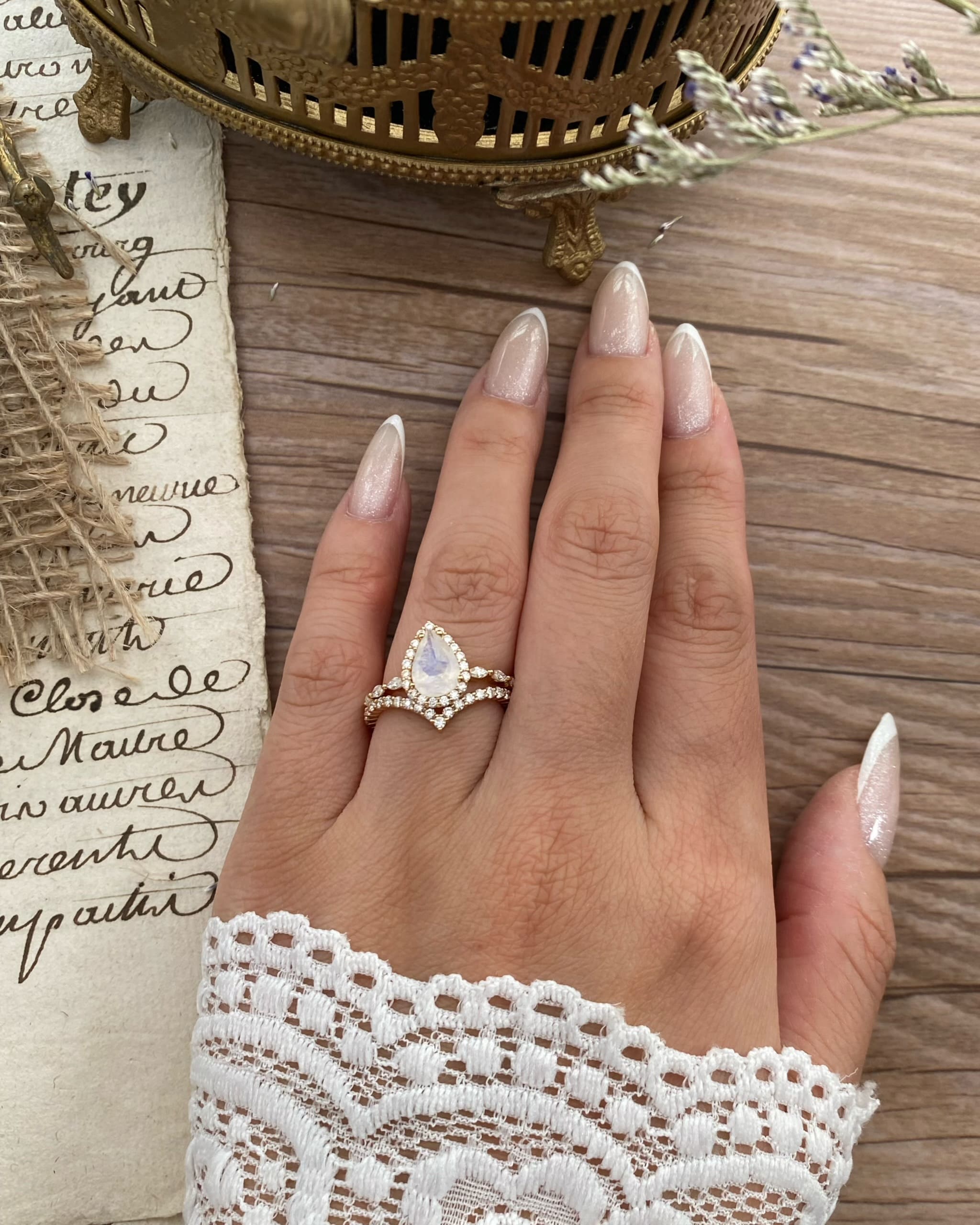 Ondine | Pear Shape Blue Moonstone Engagement Ring Set | VVAJEWELRY