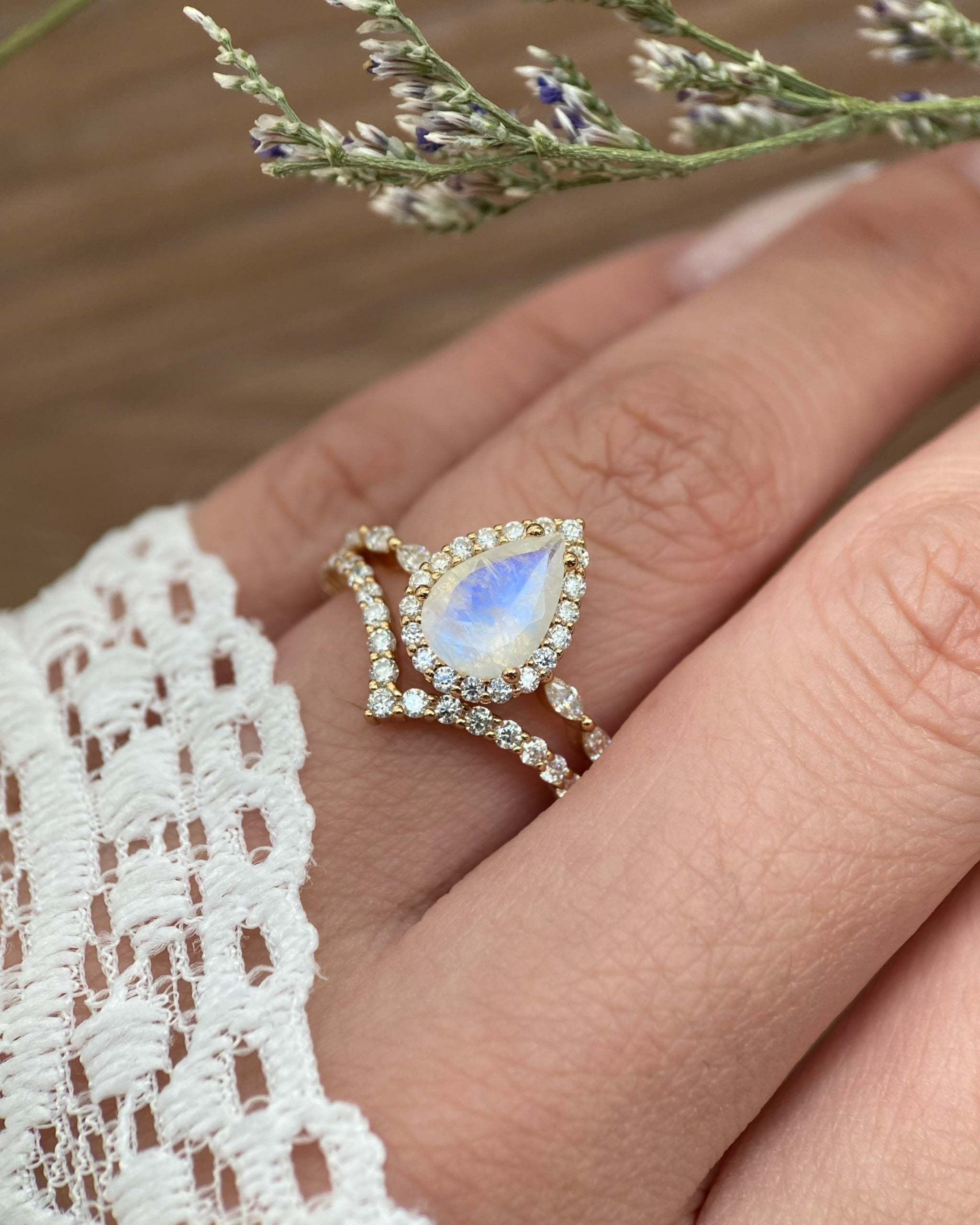 Ondine | Unique Pear Shape Blue Moonstone Engagement Ring Set