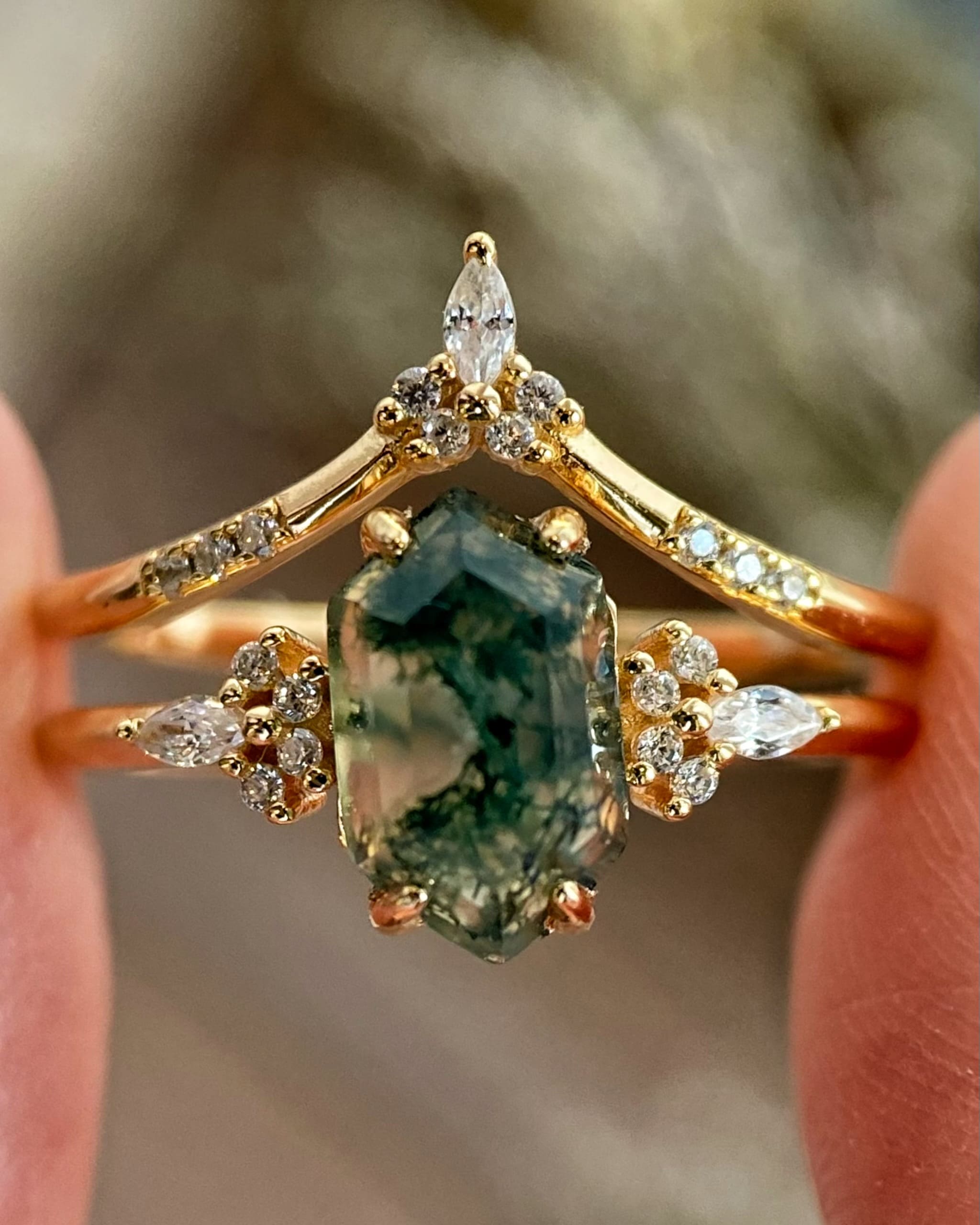 Nimue | Unique Vintage Fairycore Hexagon Cut Moss Agate Engagement Ring Set
