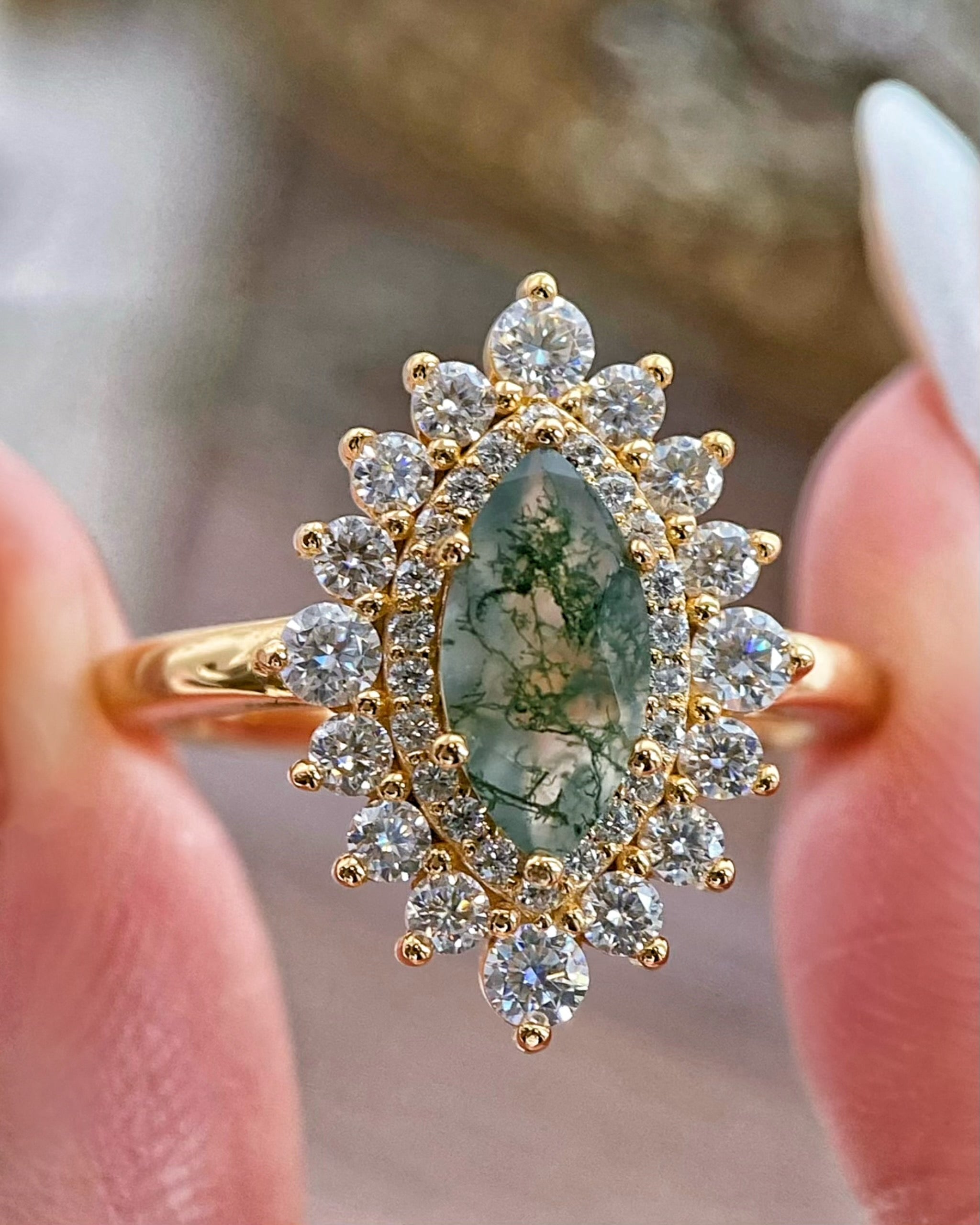 Guinevere | Vintage inspired Marquise Cut Moss Agate Engagement Ring