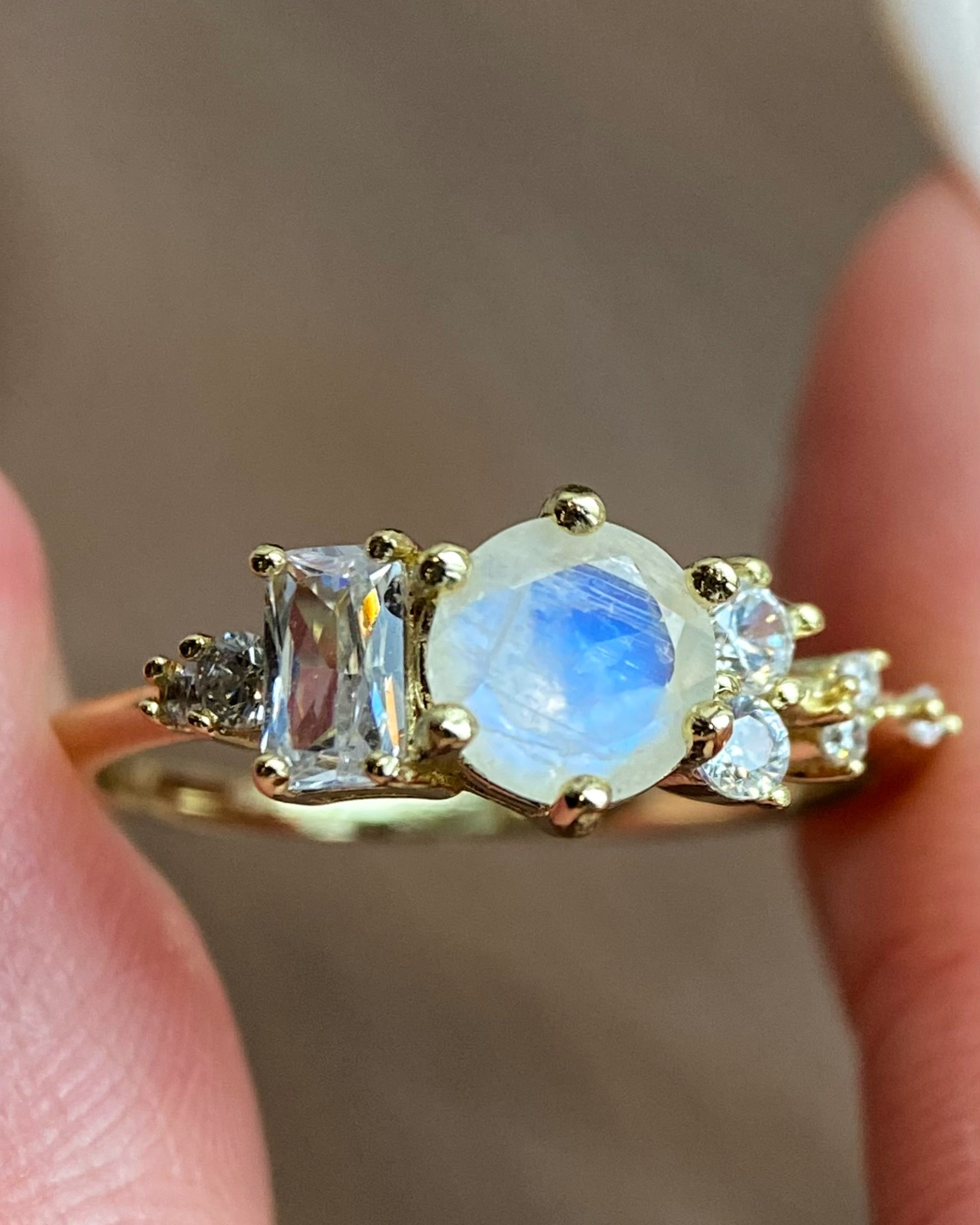 Auraline | Unique Handmade Natural Blue Moonstone Engagement Ring 0.8ct Round Cut