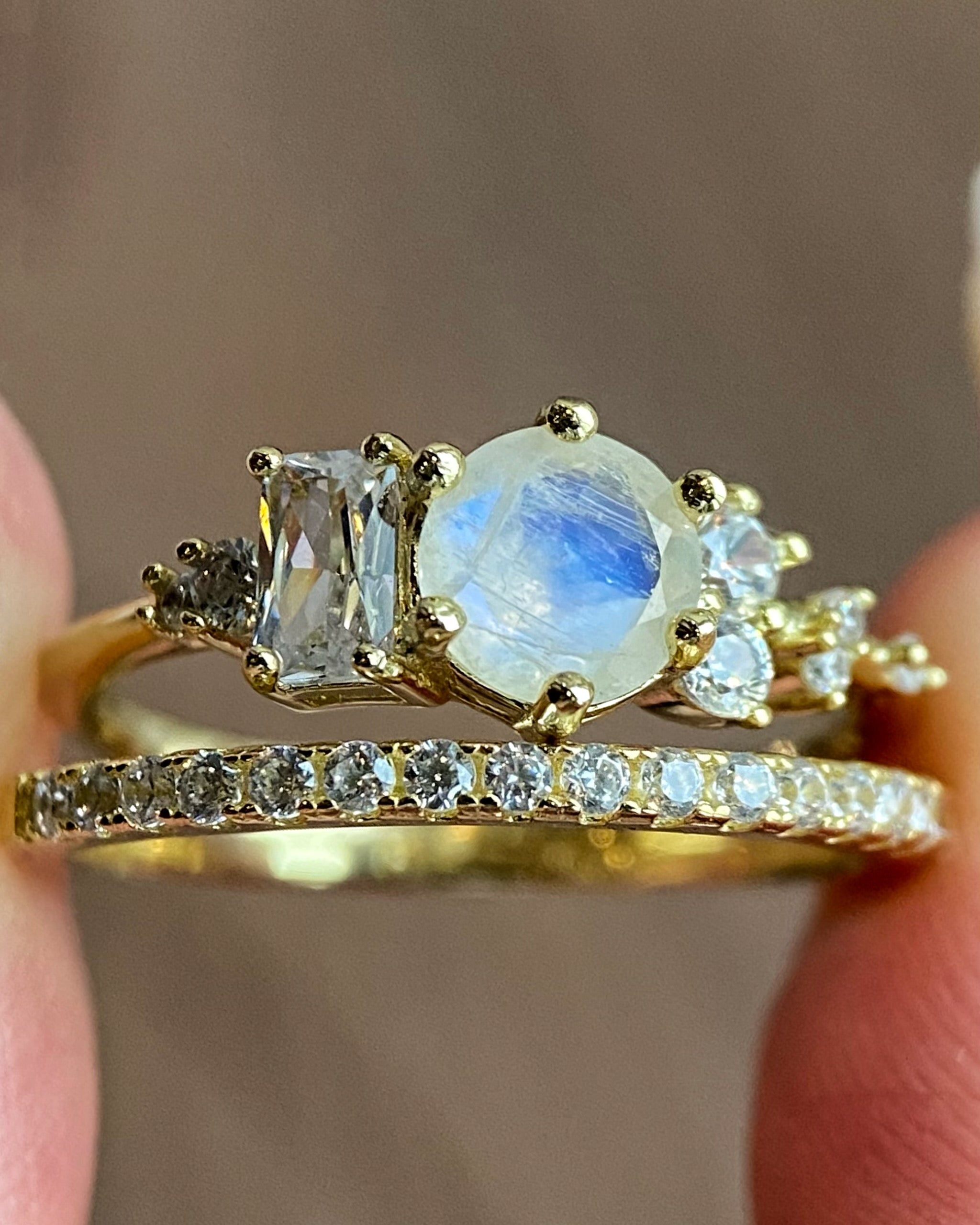 Auraline Set | Unique Handmade Natural Blue Moonstone Engagement Ring Set 2pcs 0.8ct Round Cut
