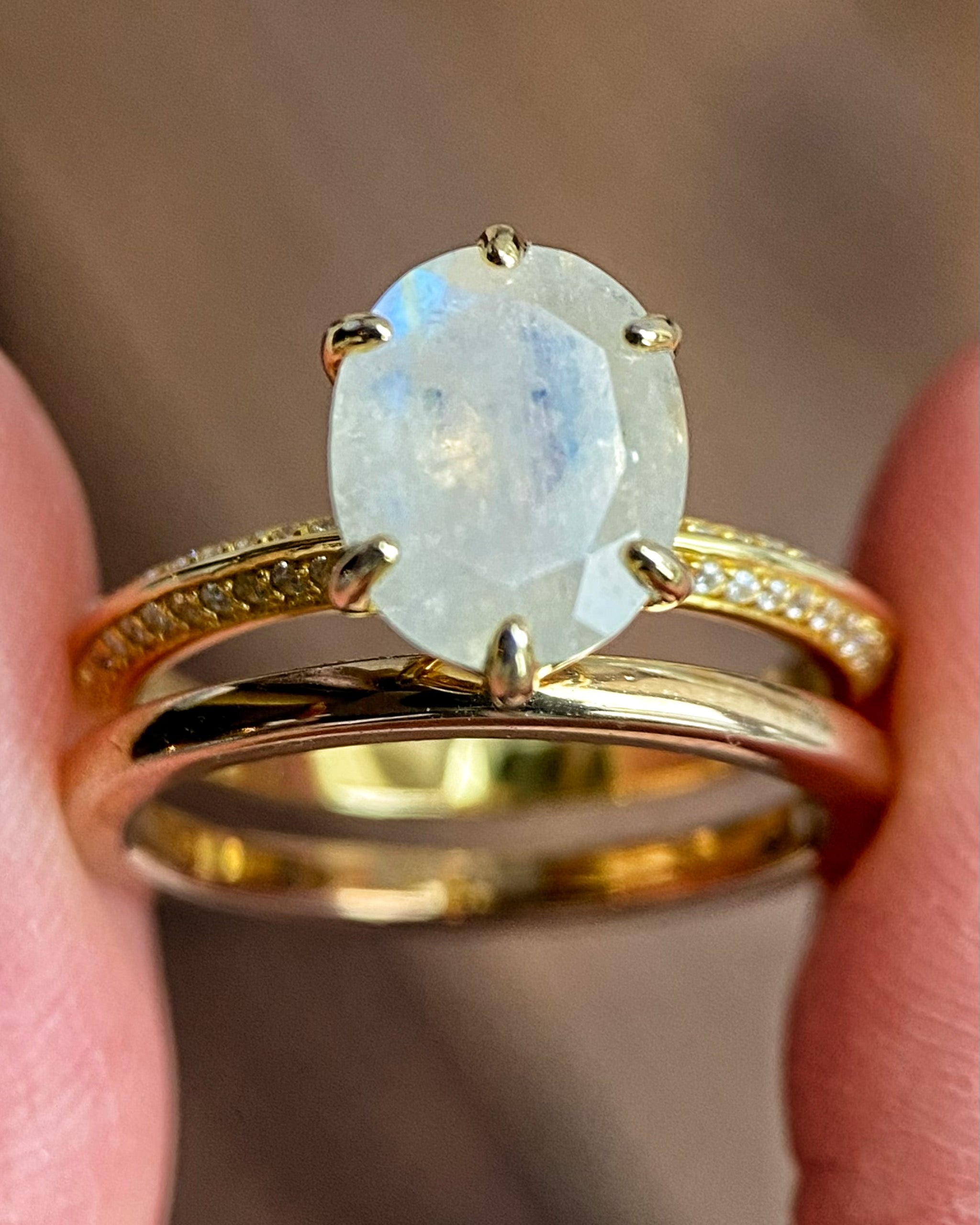 Astral Set | Unique Handmade Natural Blue Moonstone Engagement Ring Set 2pcs 3ct Oval Cut