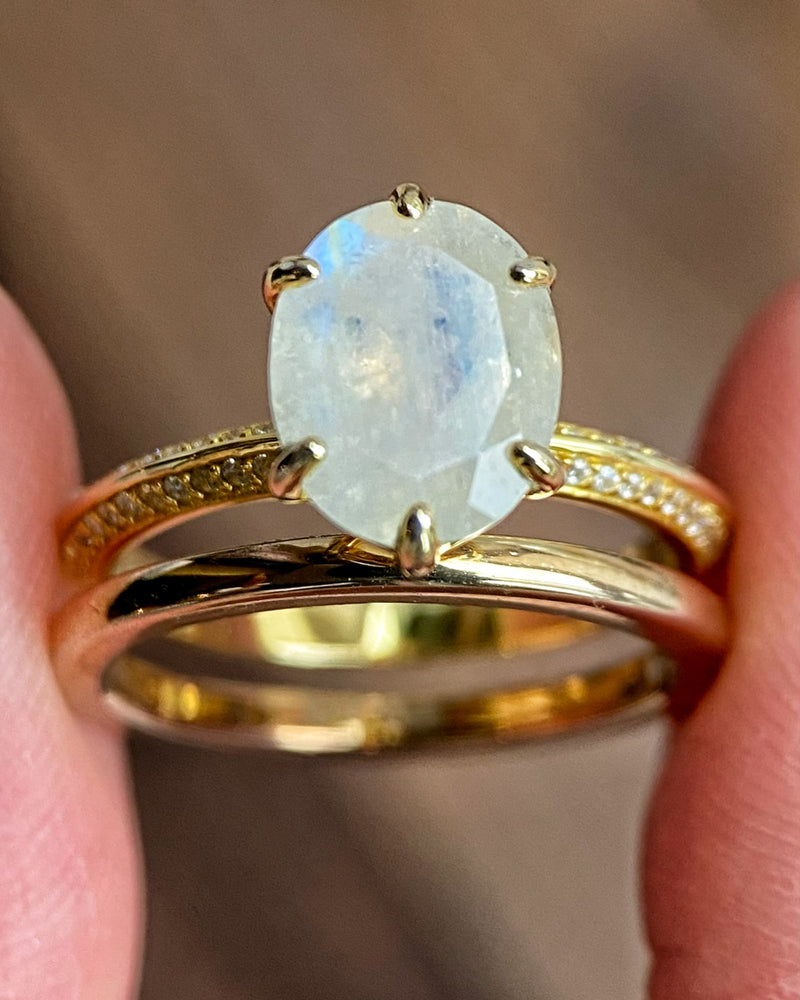 Astral Set | Unique Handmade Natural Blue Moonstone Engagement Ring Set 2pcs 3ct Oval Cut