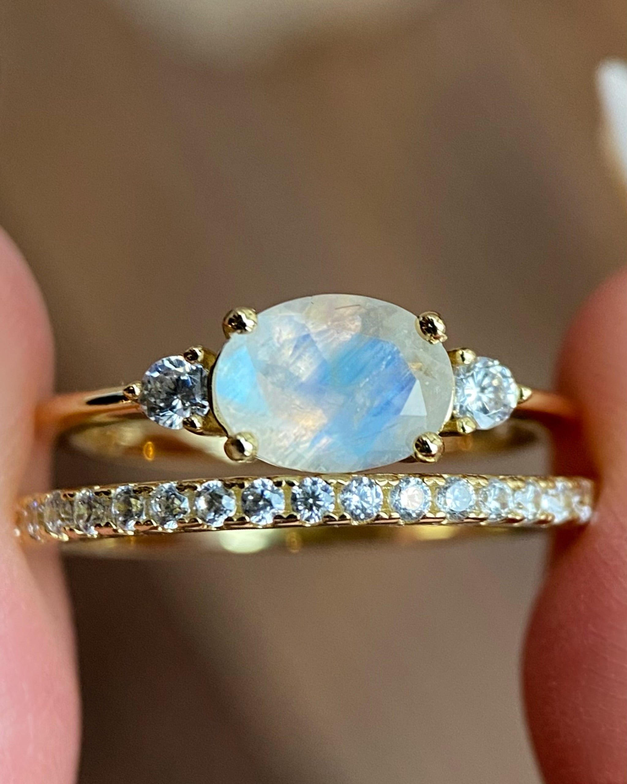 Lunette Set | Unique Handmade Natural Blue Moonstone Engagement Ring Set 2pcs 1.5ct Oval Cut