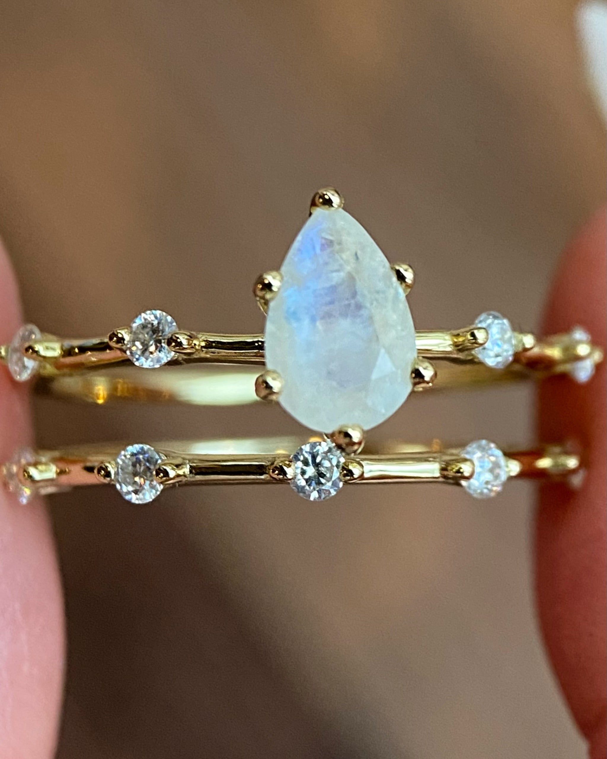 Soulmate Set | Unique Handmade Natural Blue Moonstone Engagement Ring Set 2pcs 0.75ct Pear Shape